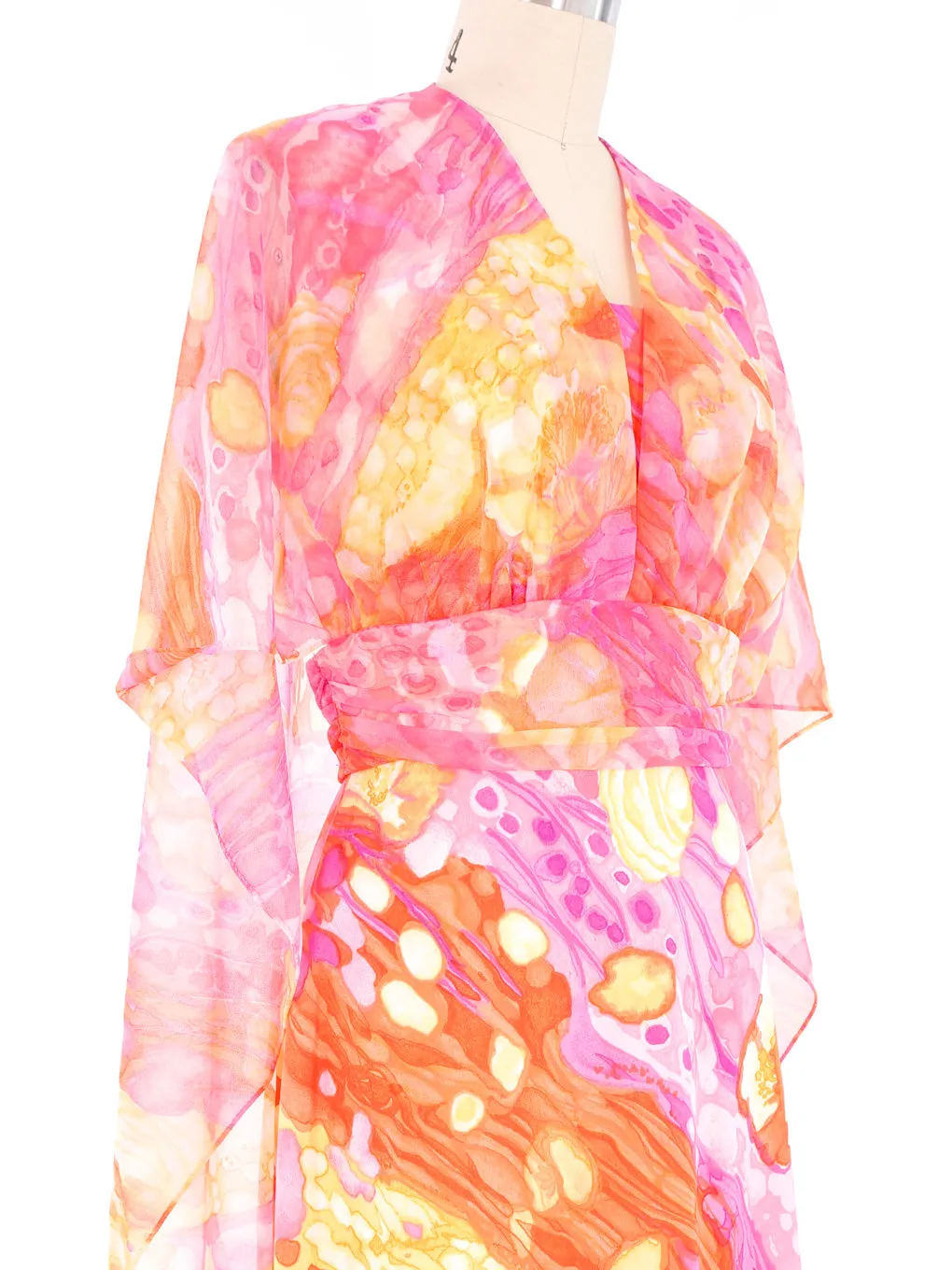 1970s Watercolor Maxi Dress And Chiffon Overlay Ensemble