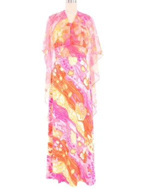 1970s Watercolor Maxi Dress And Chiffon Overlay Ensemble