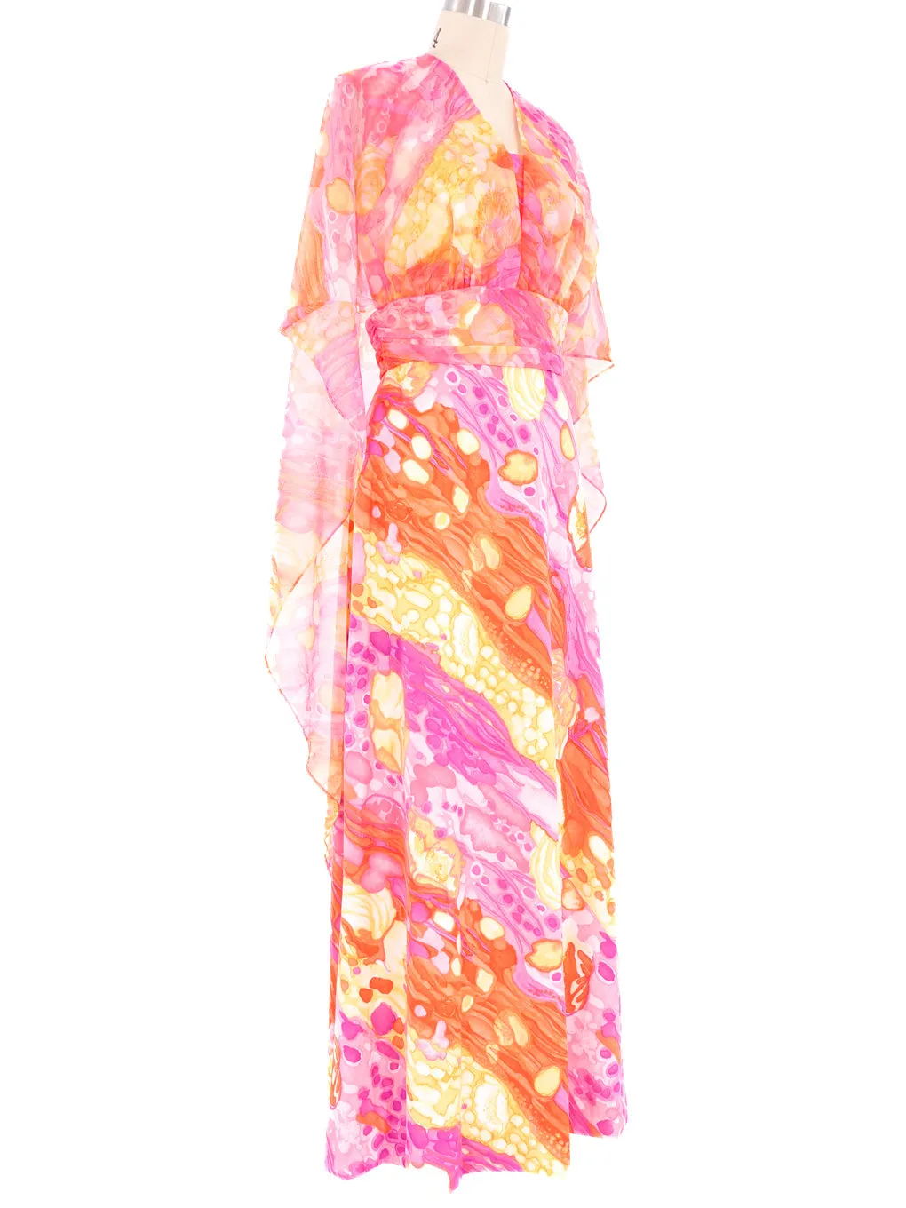 1970s Watercolor Maxi Dress And Chiffon Overlay Ensemble