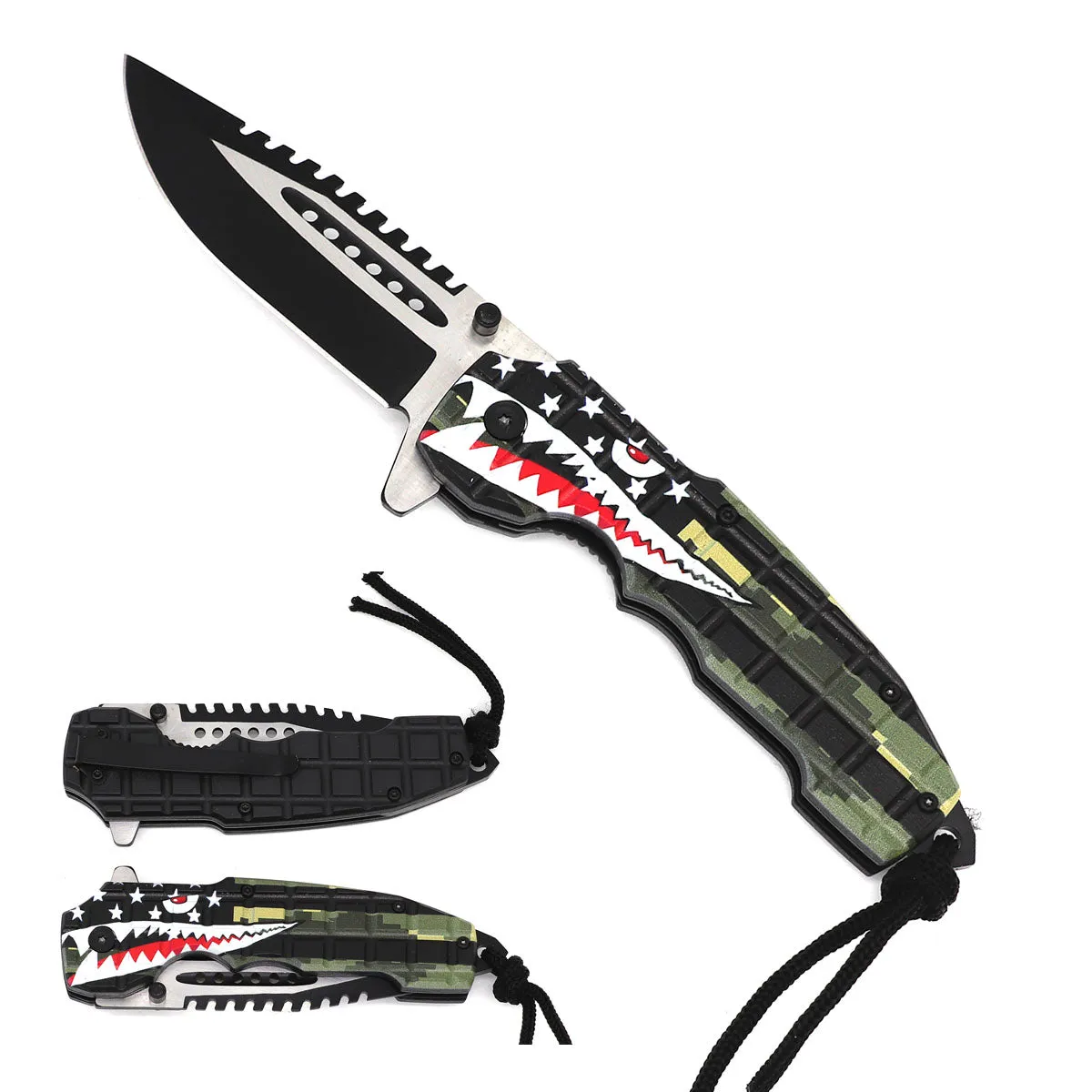8" Overall Spring Assisted Knife Black Camo Shark Handle