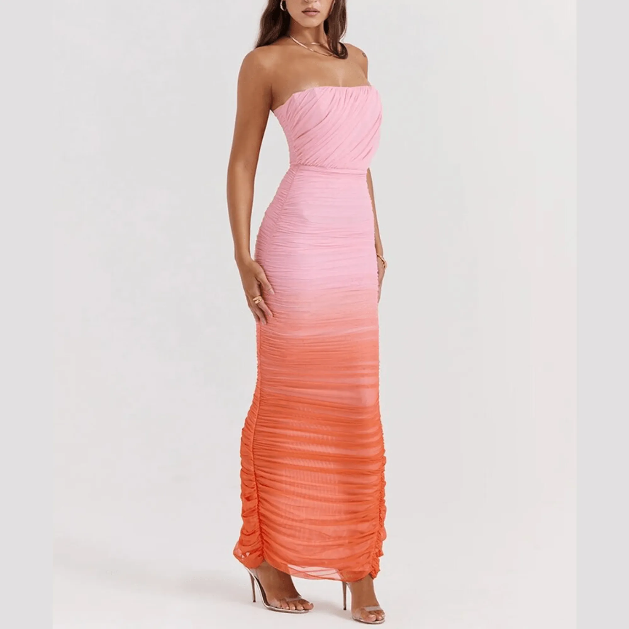 Amari - Pink & Orange Ombre Strapless Maxi Dress