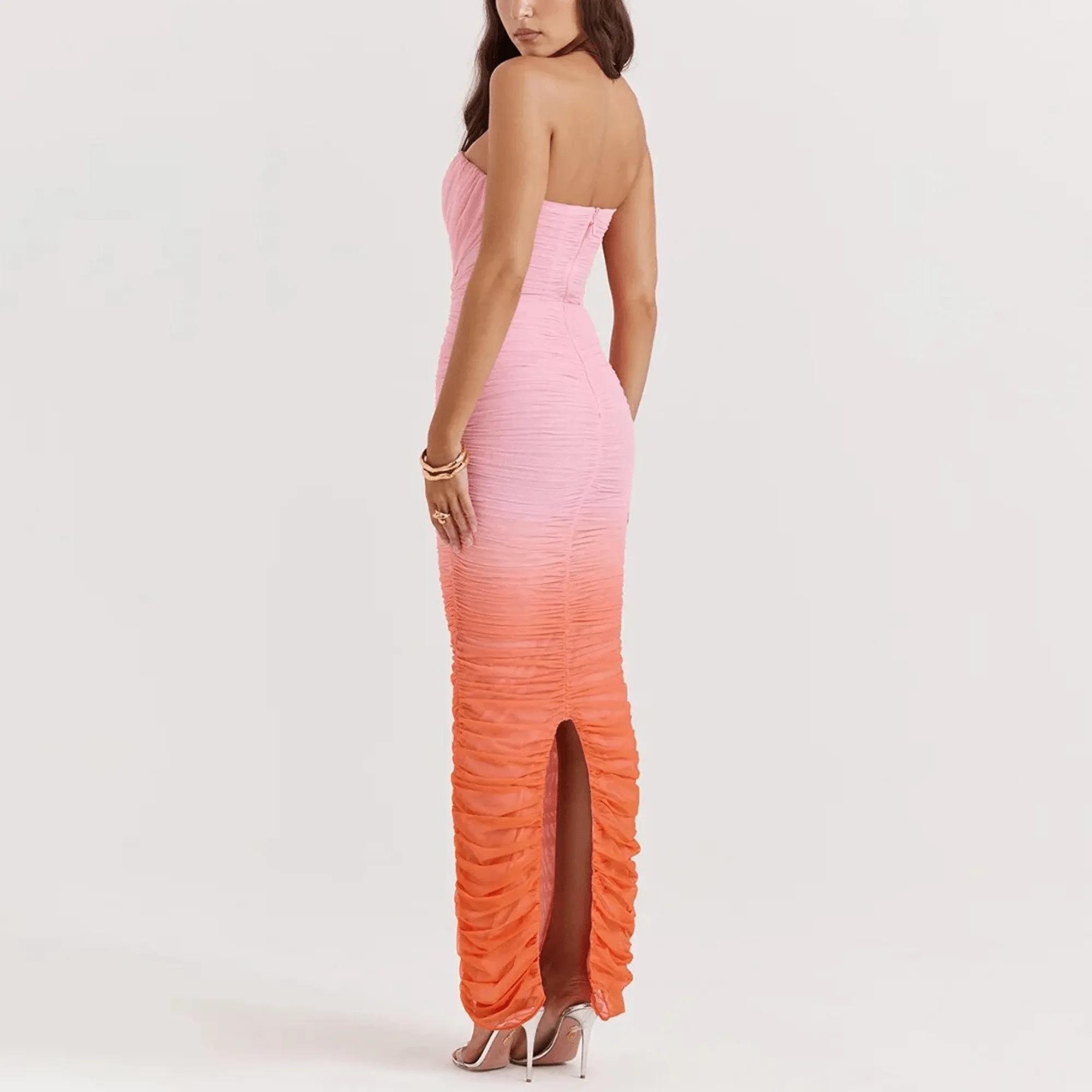 Amari - Pink & Orange Ombre Strapless Maxi Dress