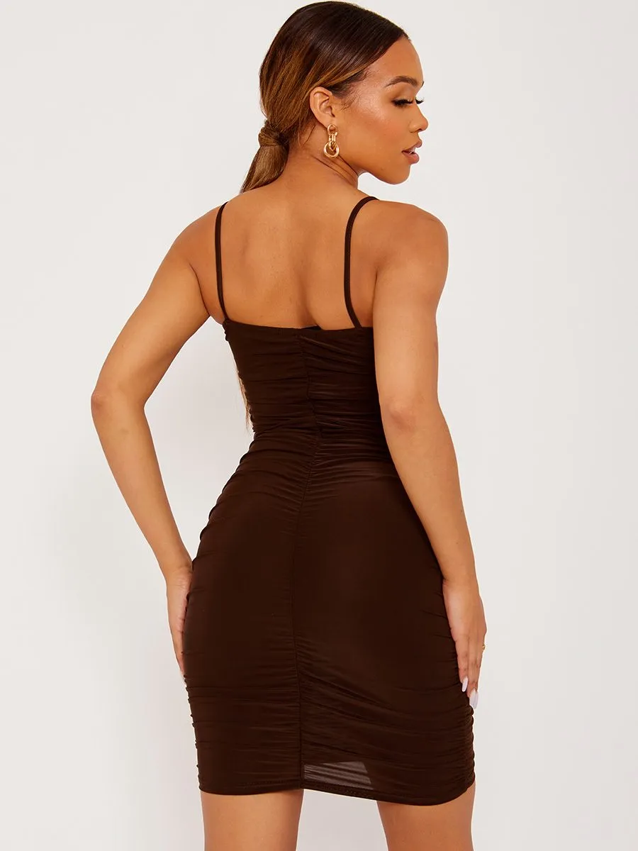Amy Slinky Ruched Cami Dress In Brown