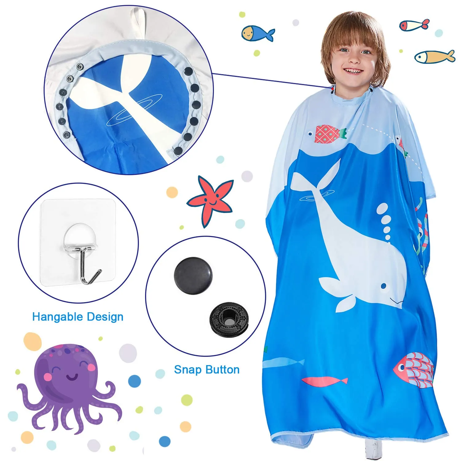 Barber Cape for Kids - Iusmnur Professional Hair Salon Cape with Adjustable Snap Closure Shampoo Hair Cutting Cape for Salon and Home - 51 x 36 inches (Ocean World) Blue