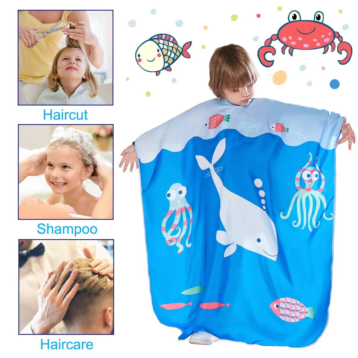 Barber Cape for Kids - Iusmnur Professional Hair Salon Cape with Adjustable Snap Closure Shampoo Hair Cutting Cape for Salon and Home - 51 x 36 inches (Ocean World) Blue