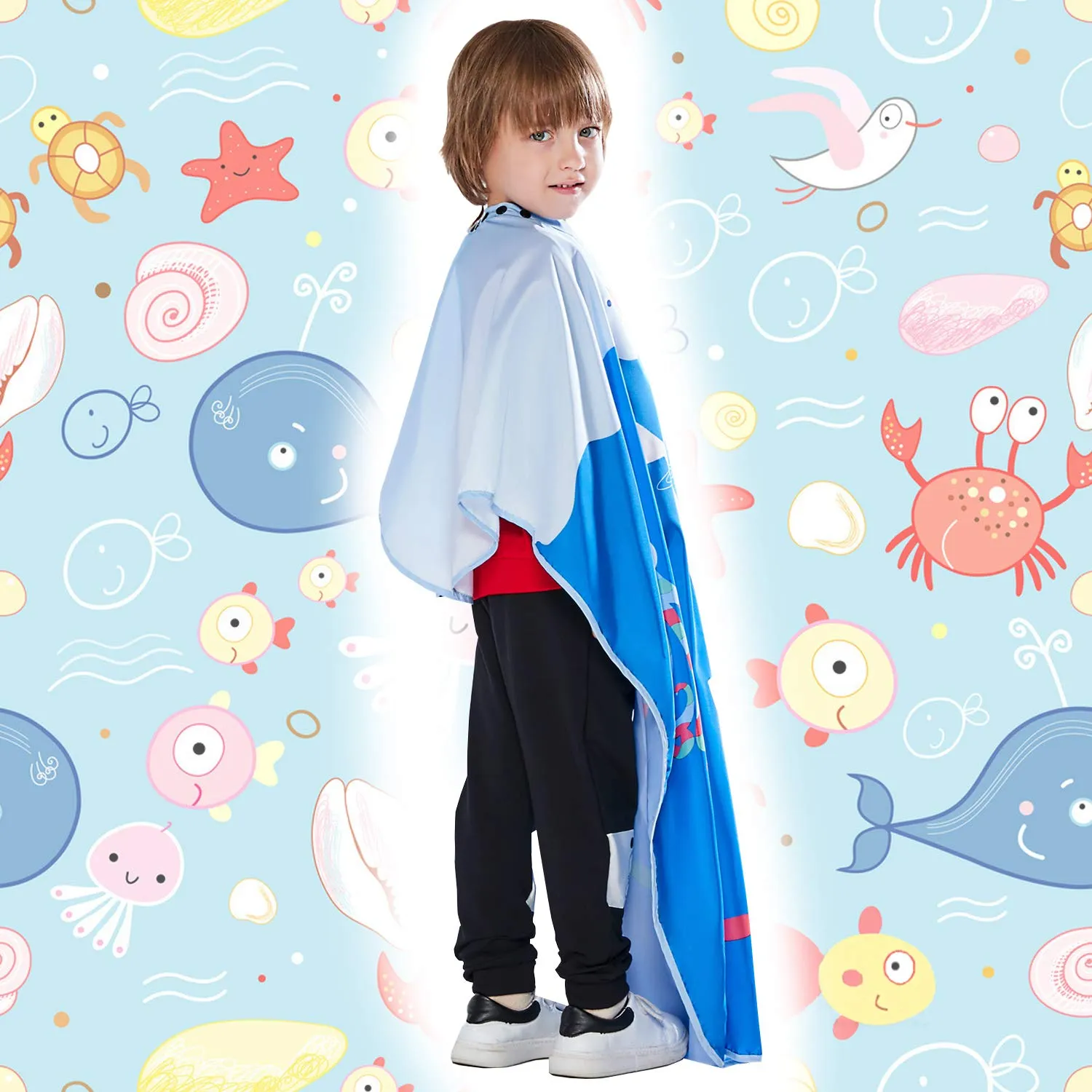 Barber Cape for Kids - Iusmnur Professional Hair Salon Cape with Adjustable Snap Closure Shampoo Hair Cutting Cape for Salon and Home - 51 x 36 inches (Ocean World) Blue