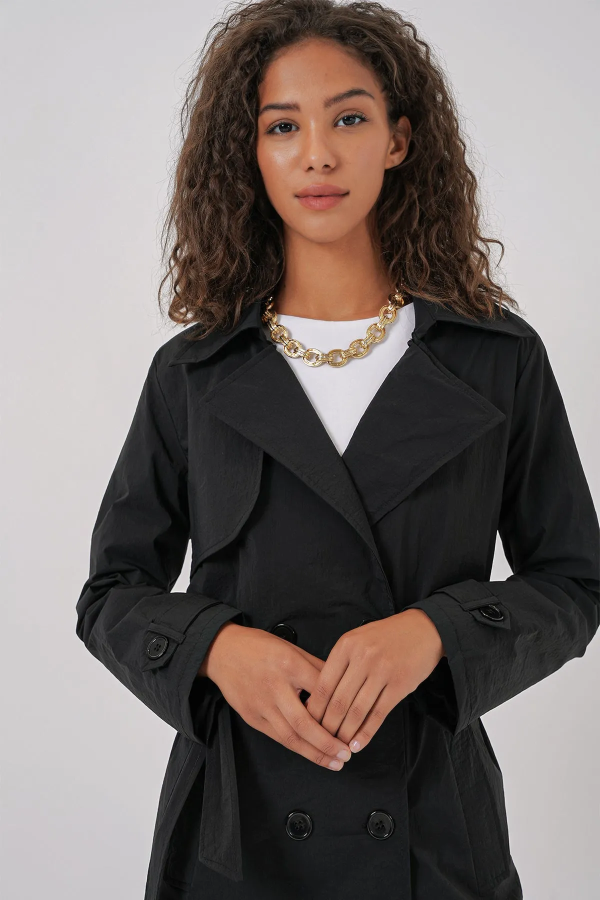 BGD Women Double-Breasted Trench Coat - Black - Pocatello