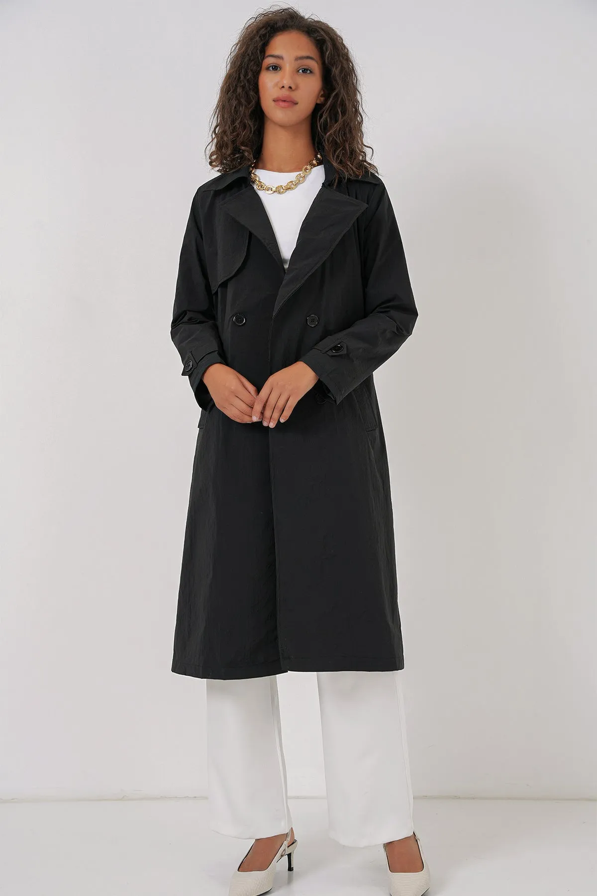 BGD Women Double-Breasted Trench Coat - Black - Pocatello