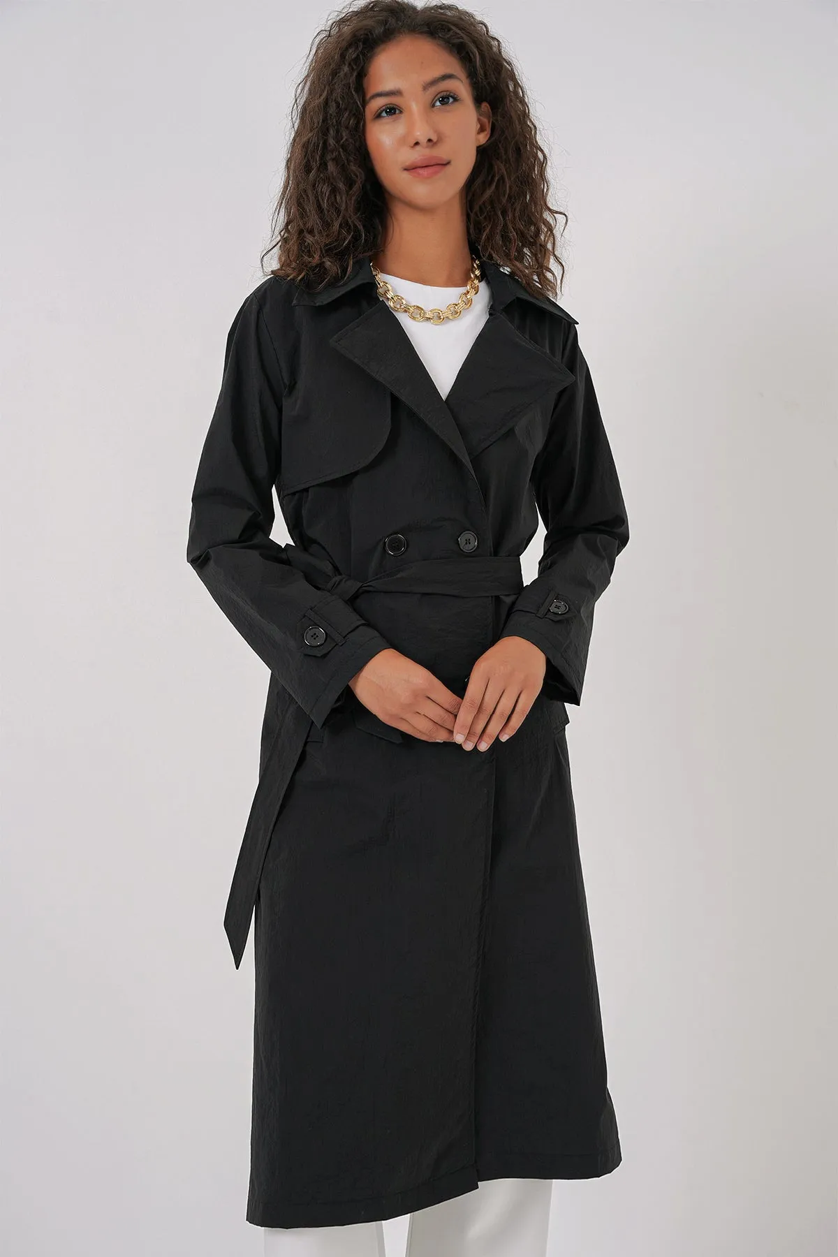 BGD Women Double-Breasted Trench Coat - Black - Pocatello