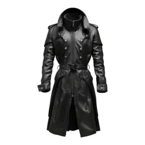 Black Stylish Hooded Genuine Leather Coat