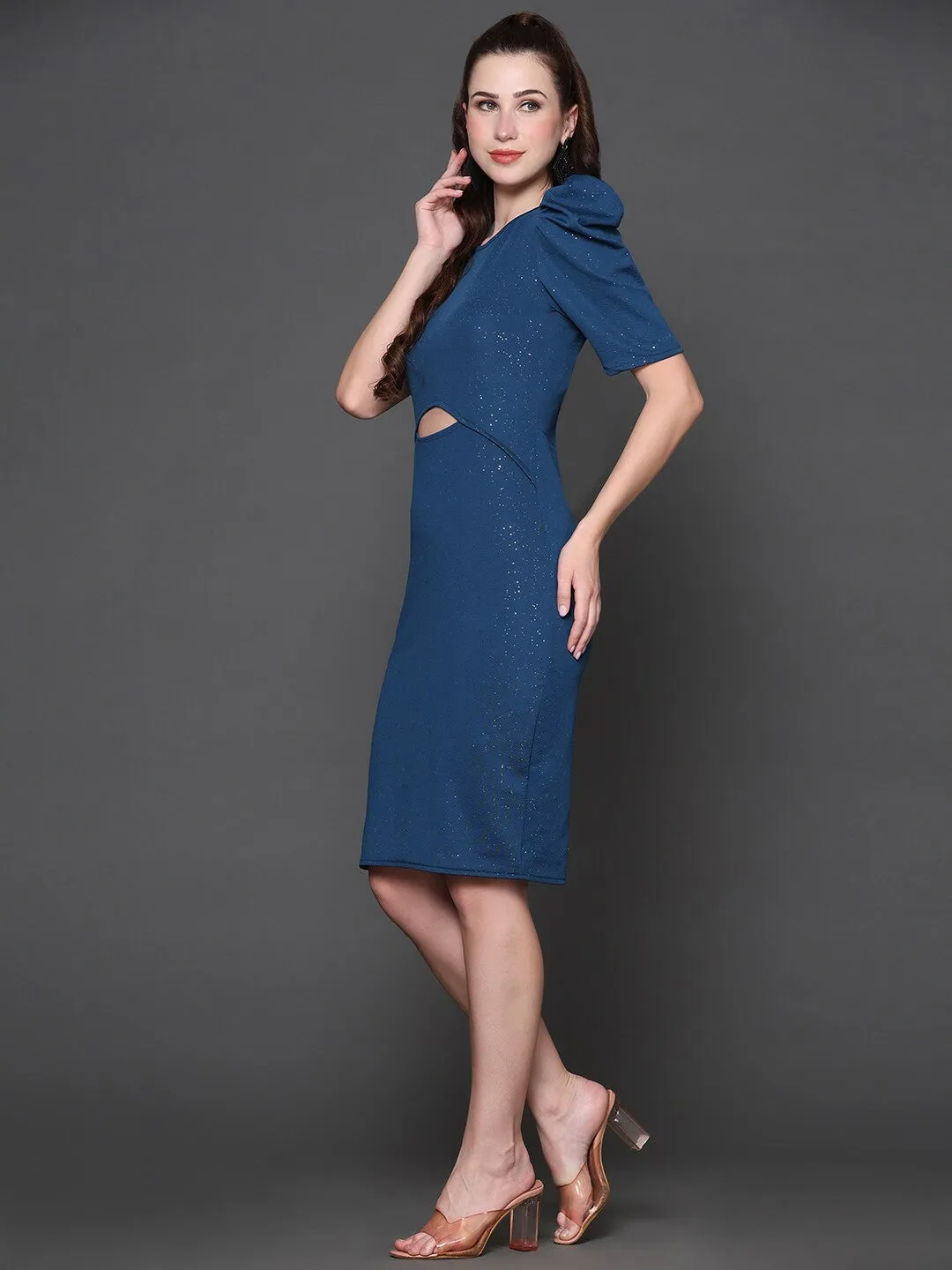 Blue Solid Embellished Bodycon Dress