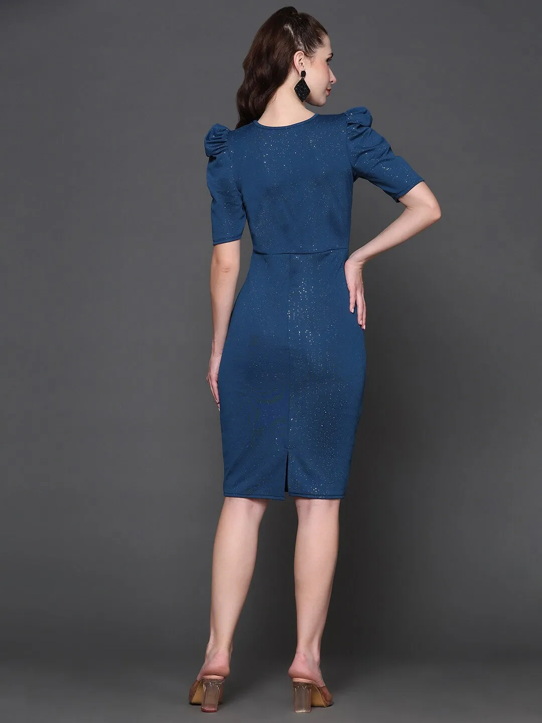 Blue Solid Embellished Bodycon Dress