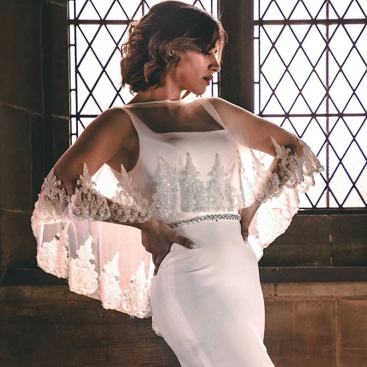 Bridal Cape Cover Up Ivory Tulle with Beaded Lace Edge PBC3001