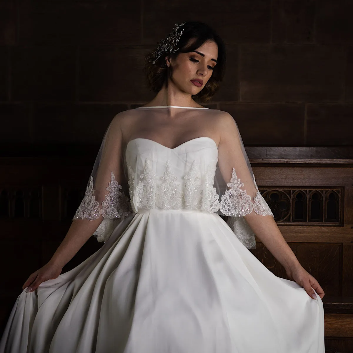 Bridal Cape Cover Up Ivory Tulle with Beaded Lace Edge PBC3001