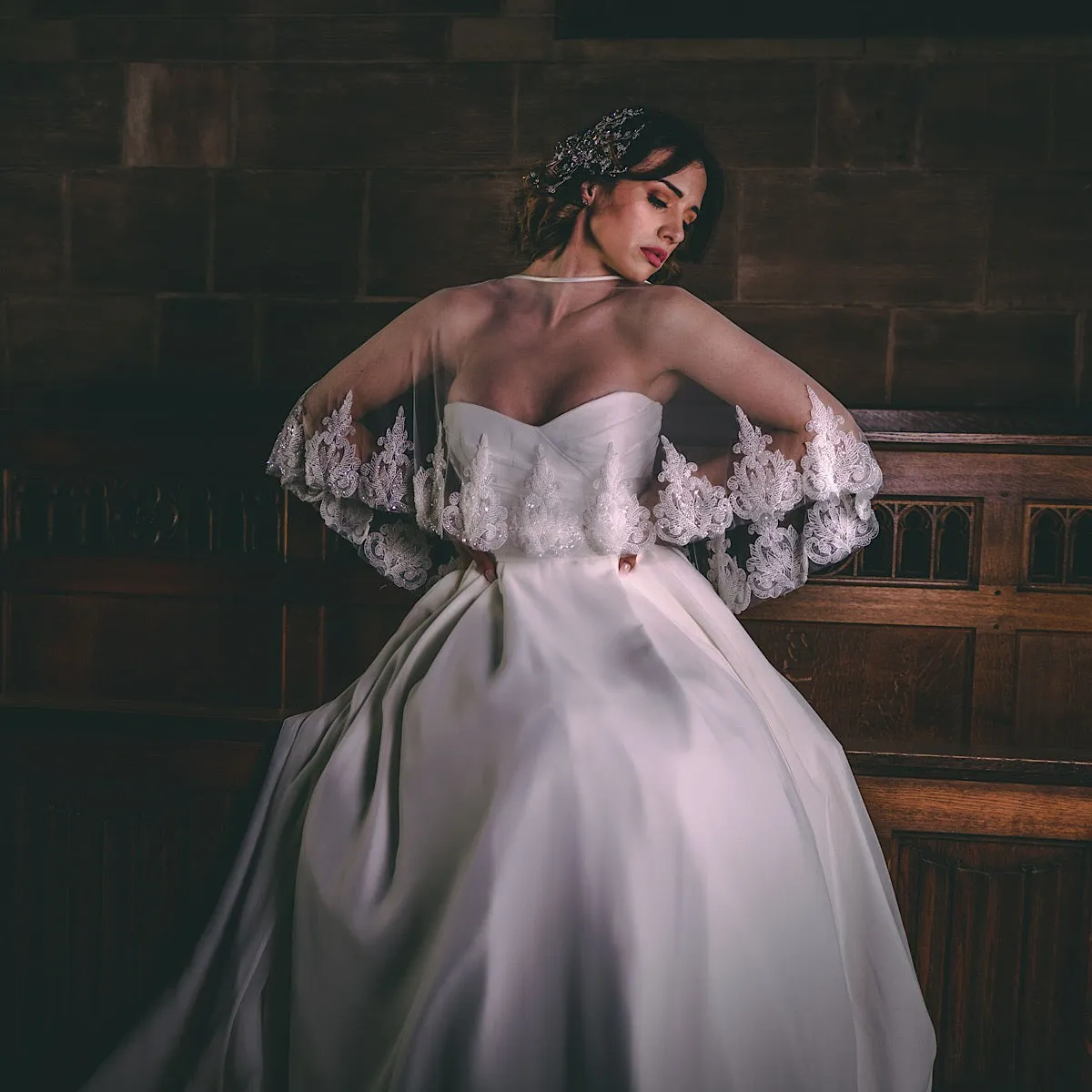 Bridal Cape Cover Up Ivory Tulle with Beaded Lace Edge PBC3001