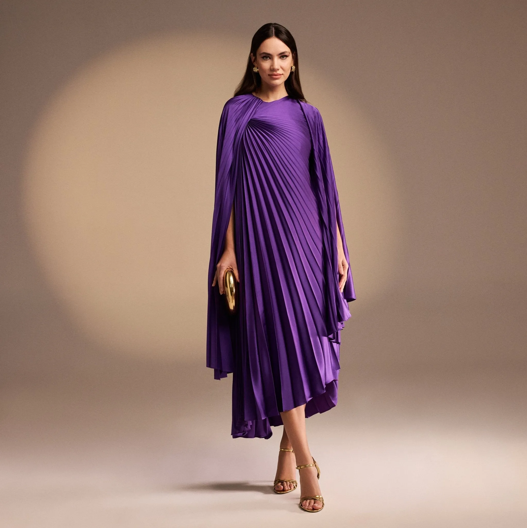 Cape Pleated Satin Midi Dress