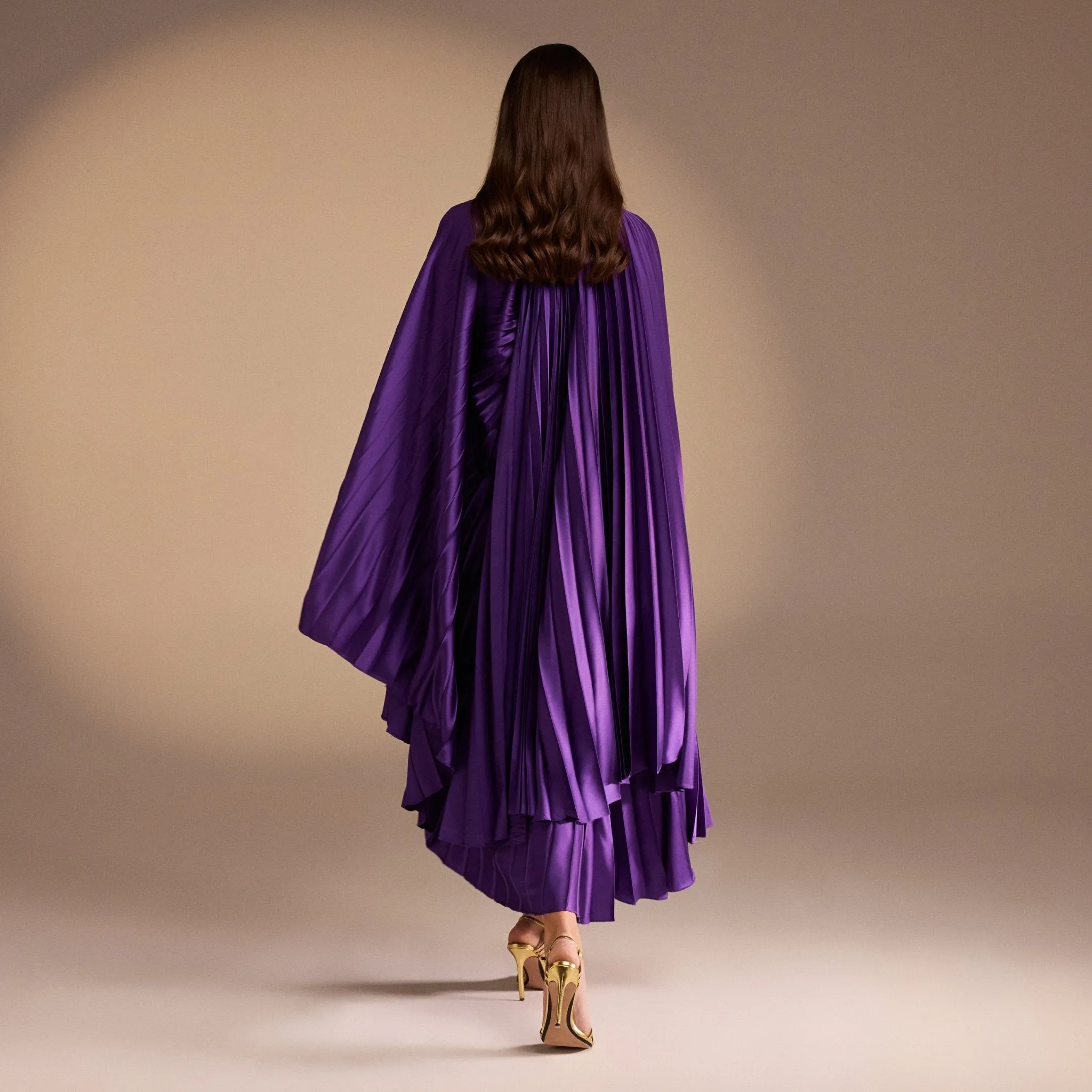 Cape Pleated Satin Midi Dress
