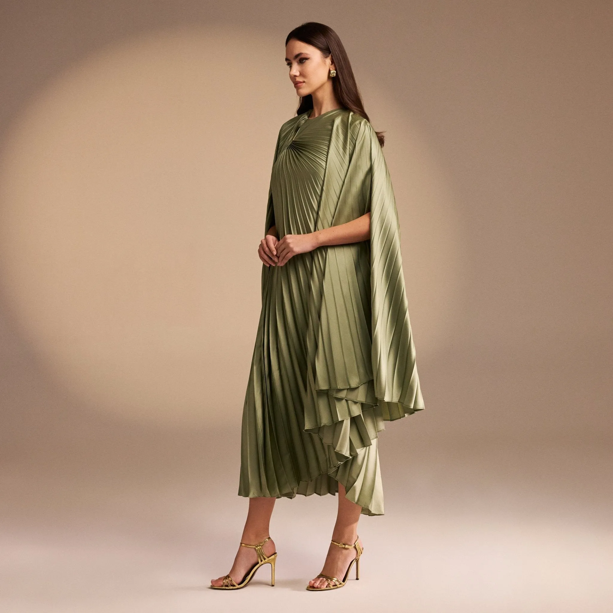 Cape Pleated Satin Midi Dress