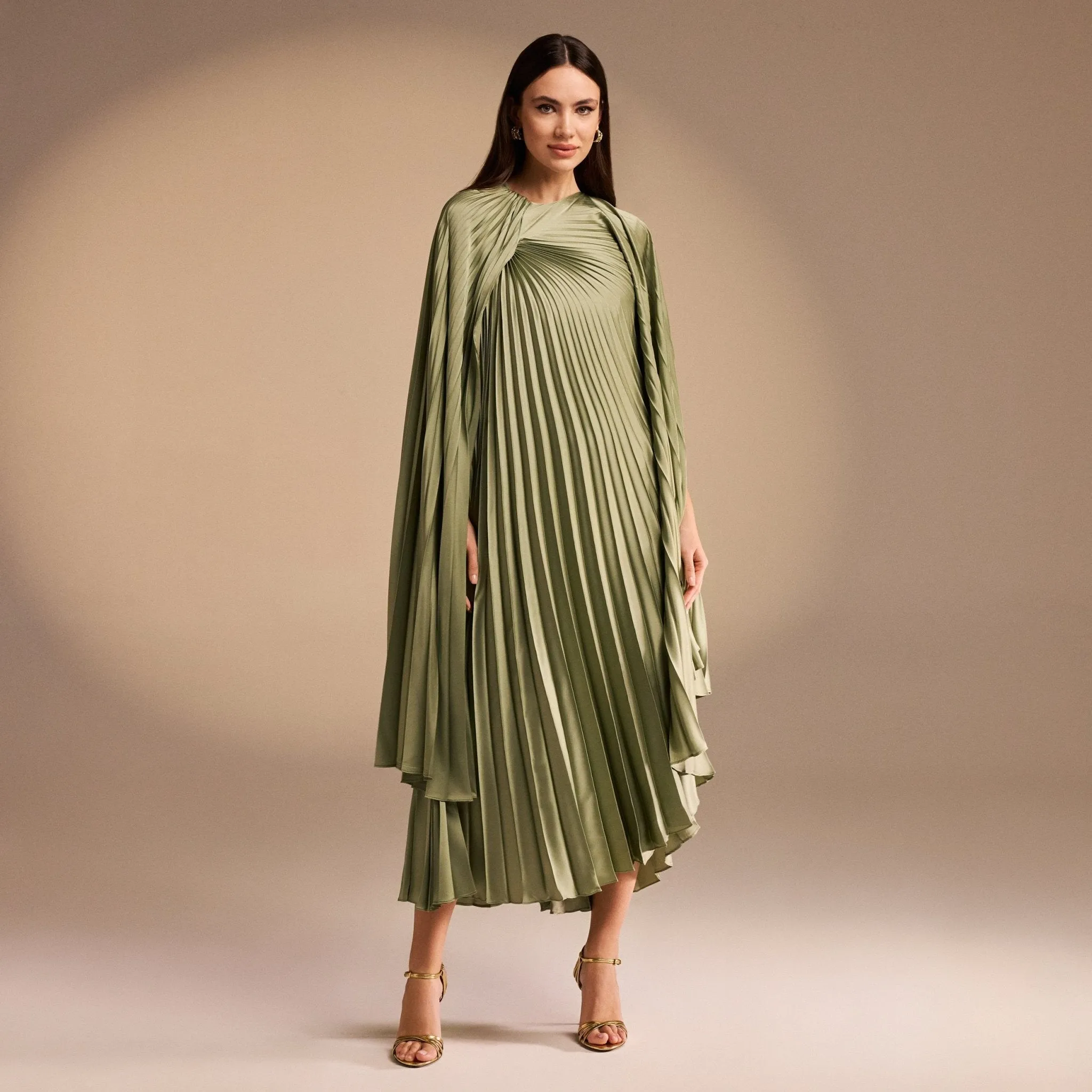 Cape Pleated Satin Midi Dress