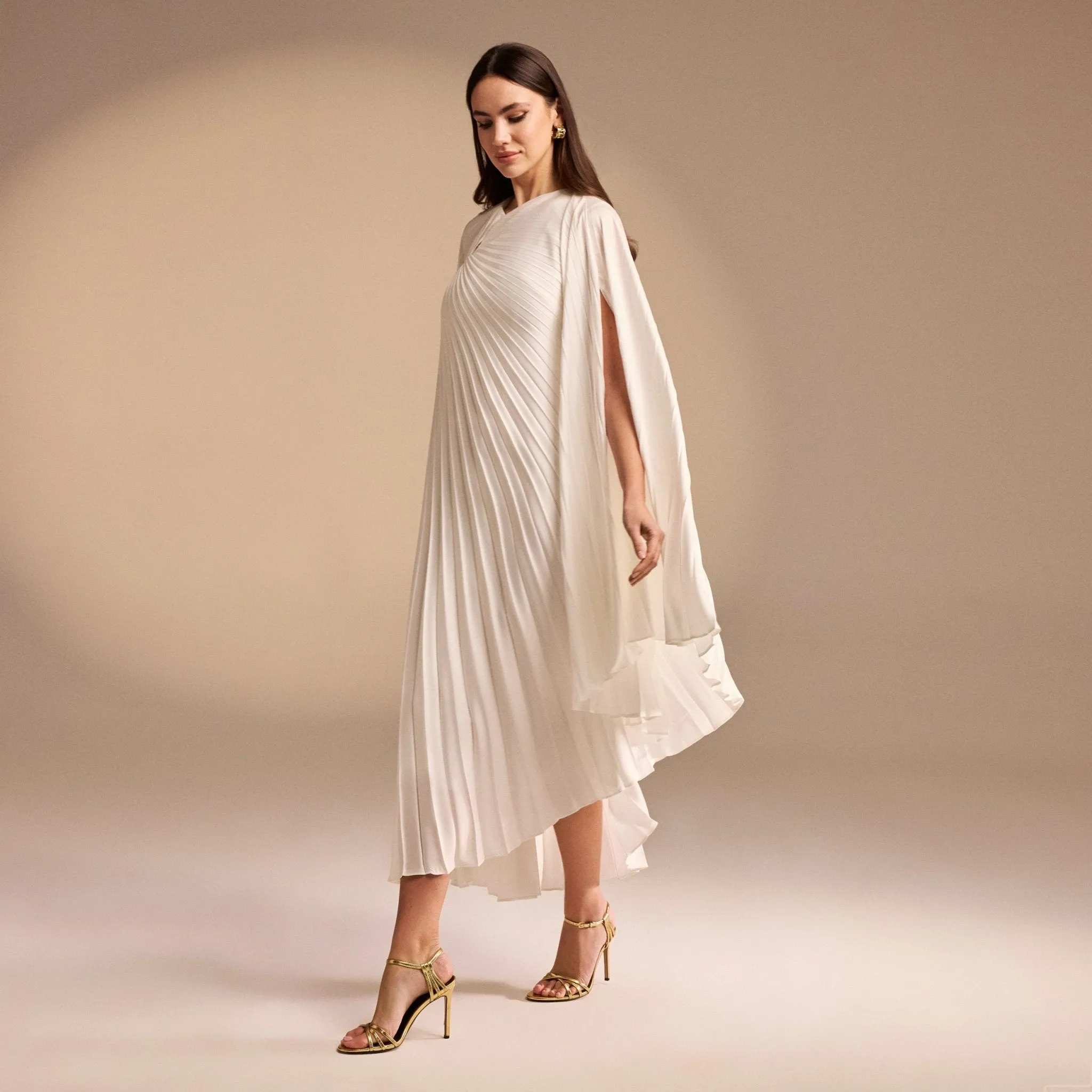 Cape Pleated Satin Midi Dress