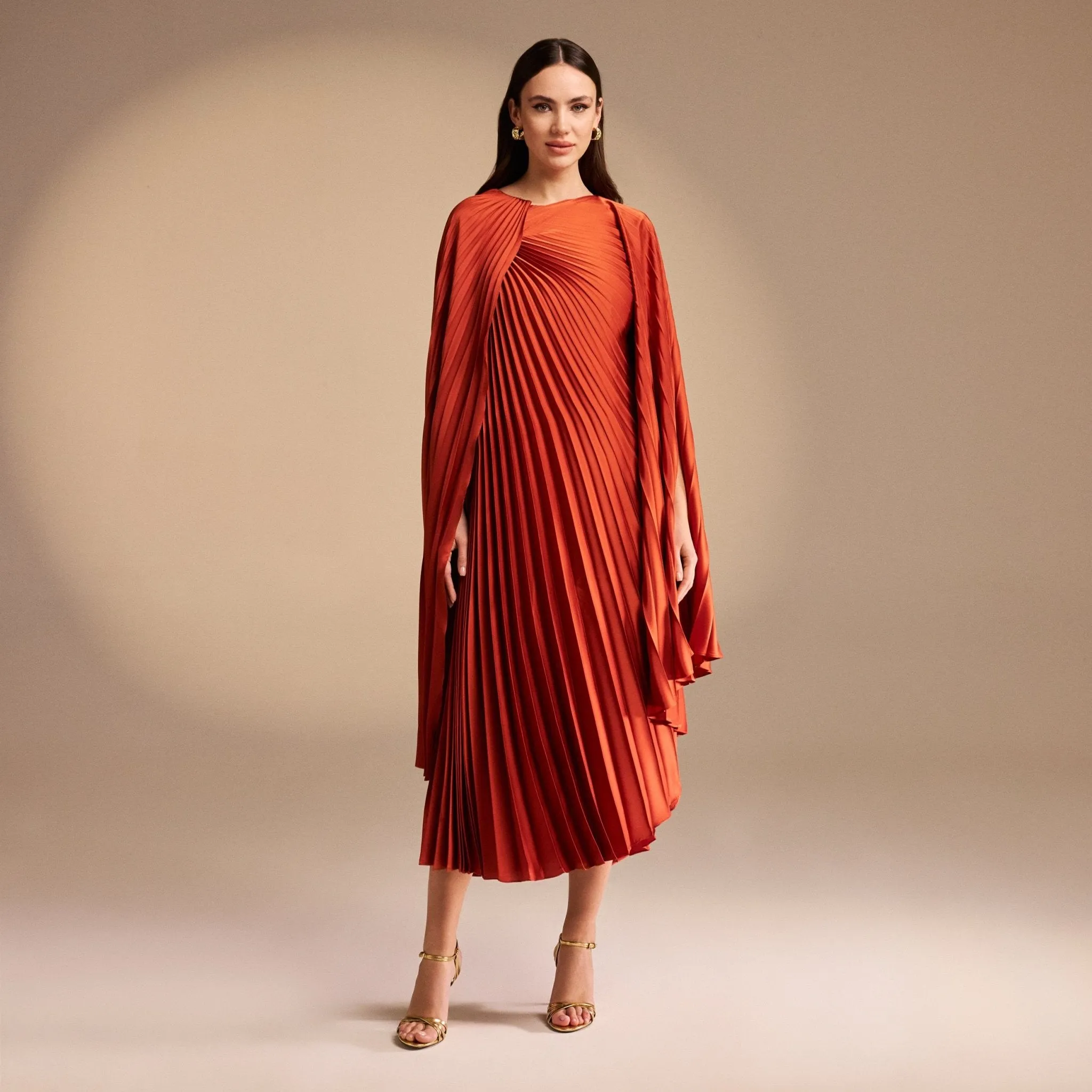 Cape Pleated Satin Midi Dress