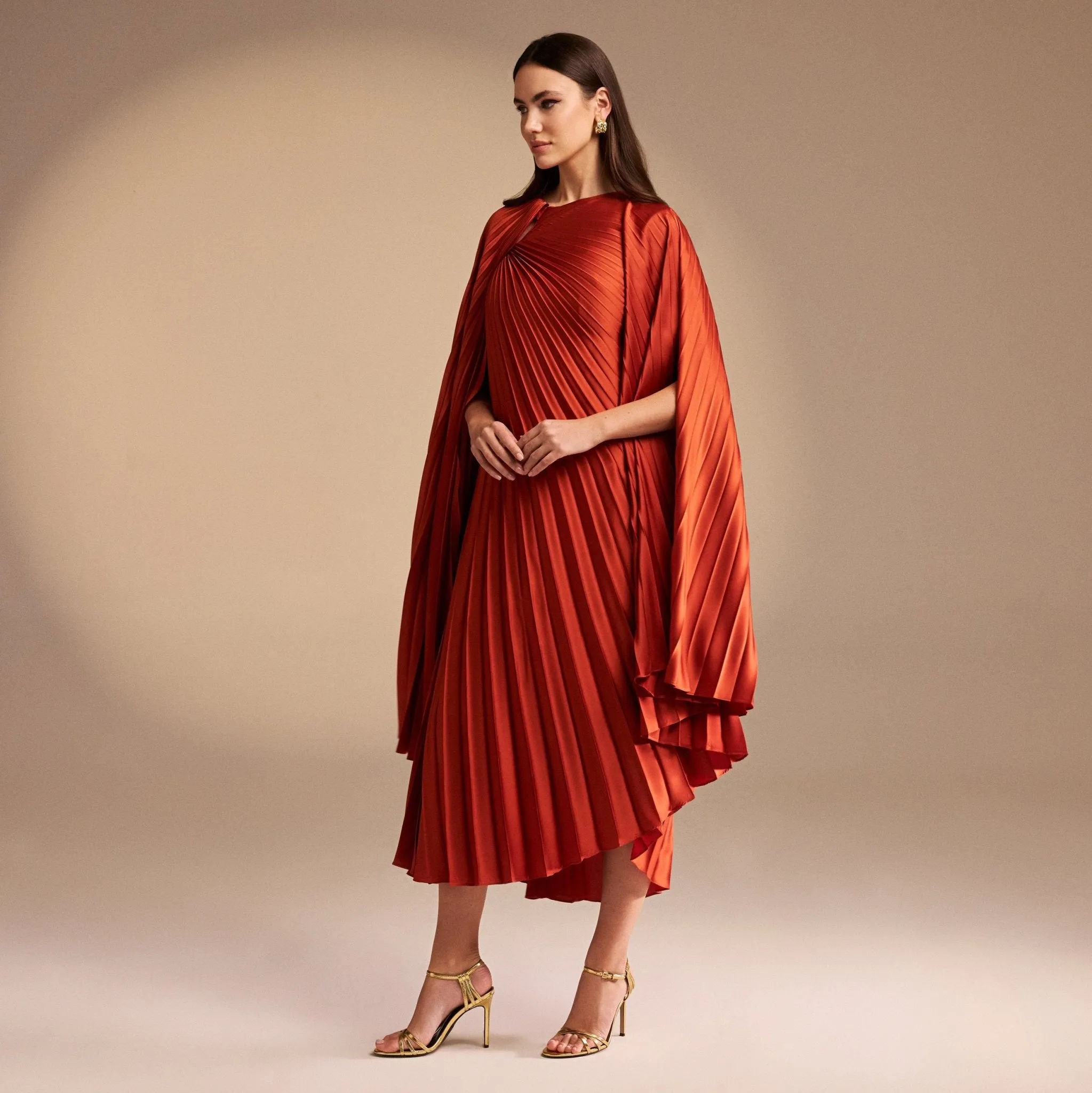 Cape Pleated Satin Midi Dress
