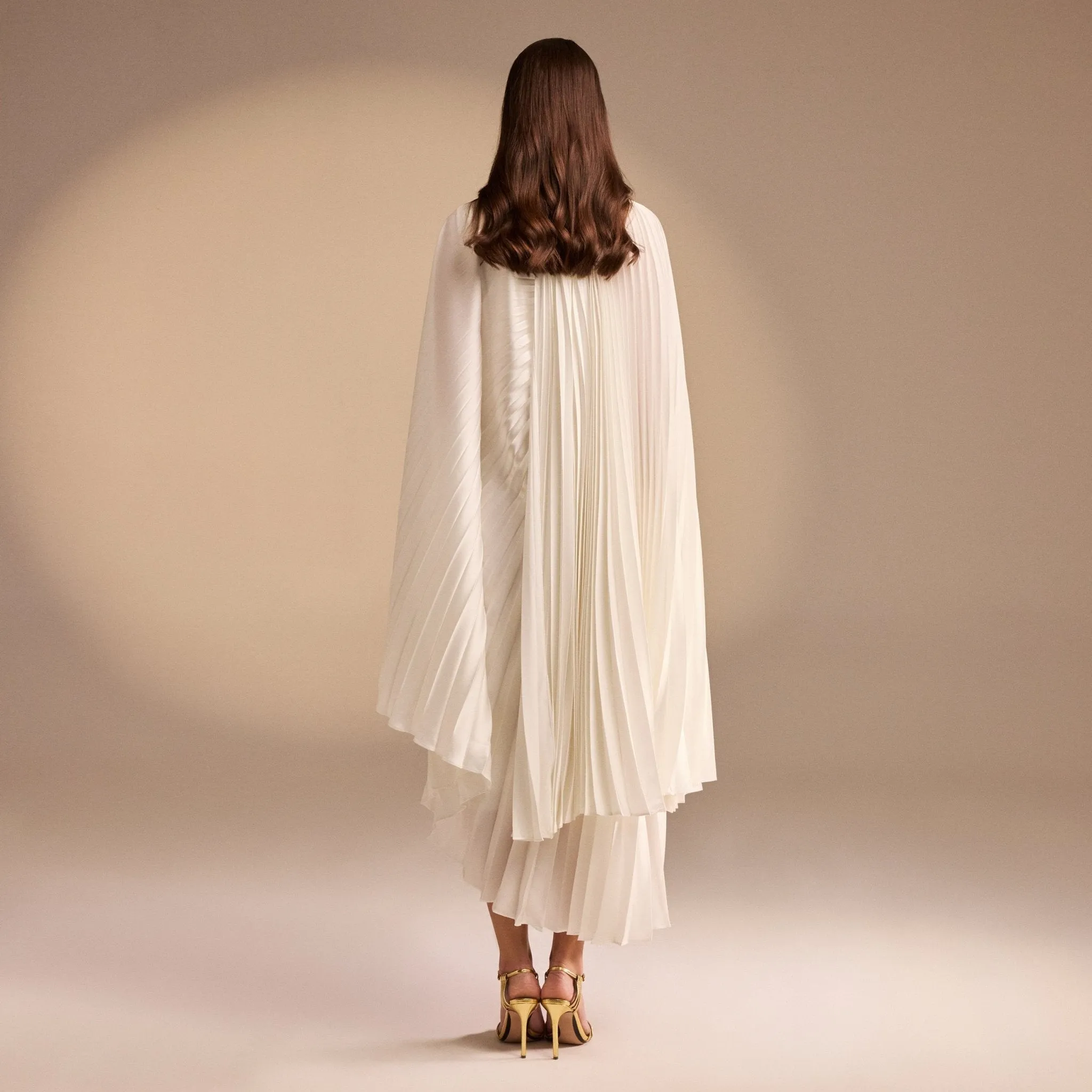 Cape Pleated Satin Midi Dress