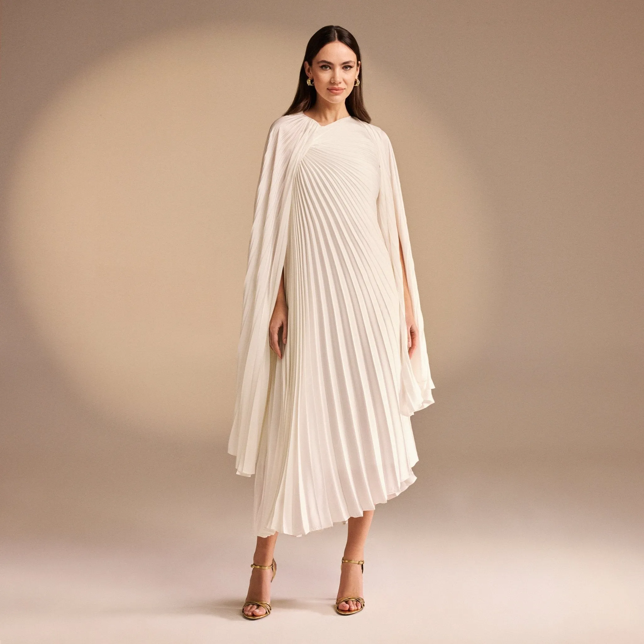 Cape Pleated Satin Midi Dress