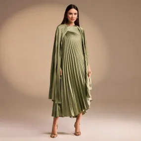 Cape Pleated Satin Midi Dress
