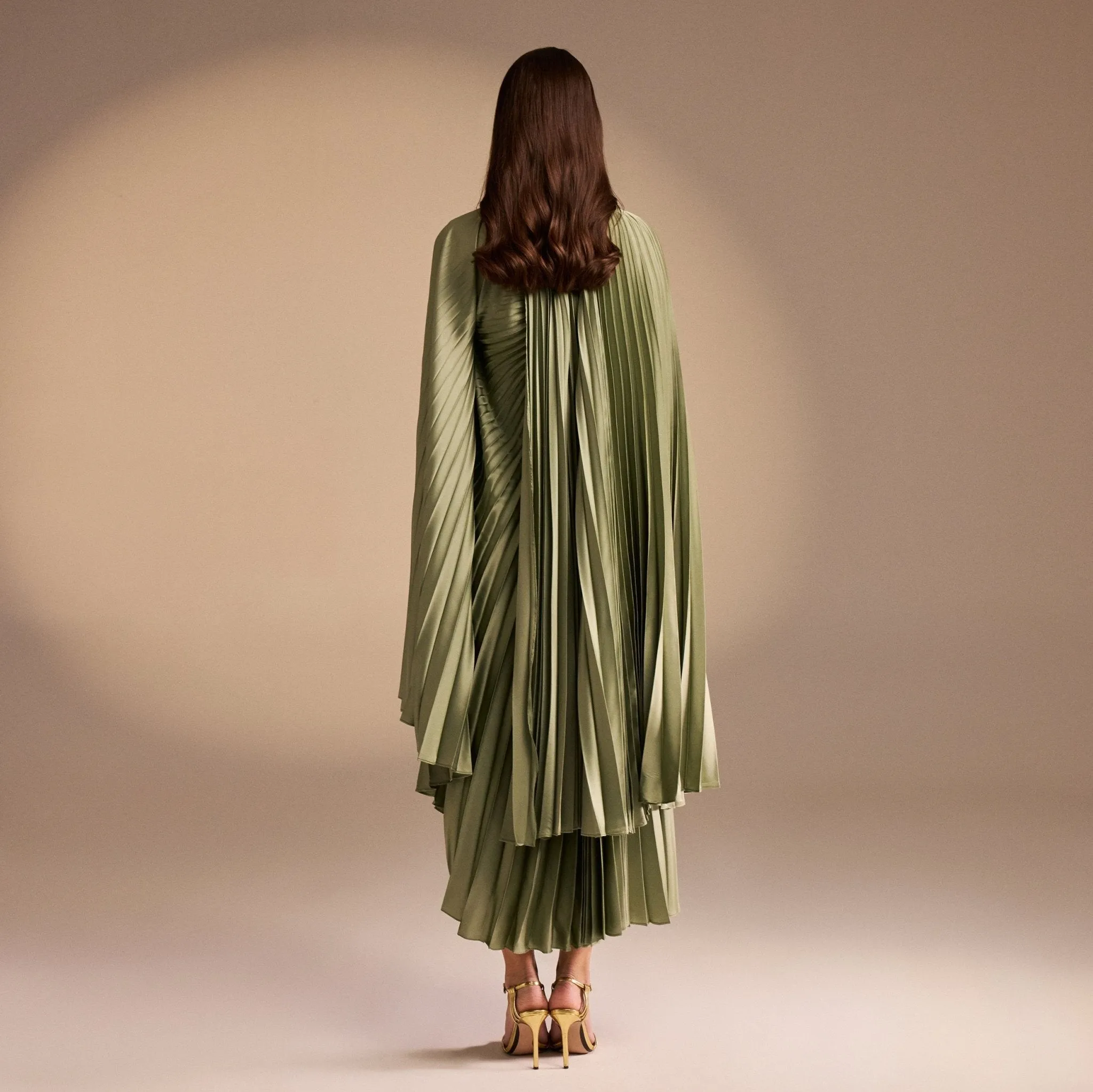Cape Pleated Satin Midi Dress