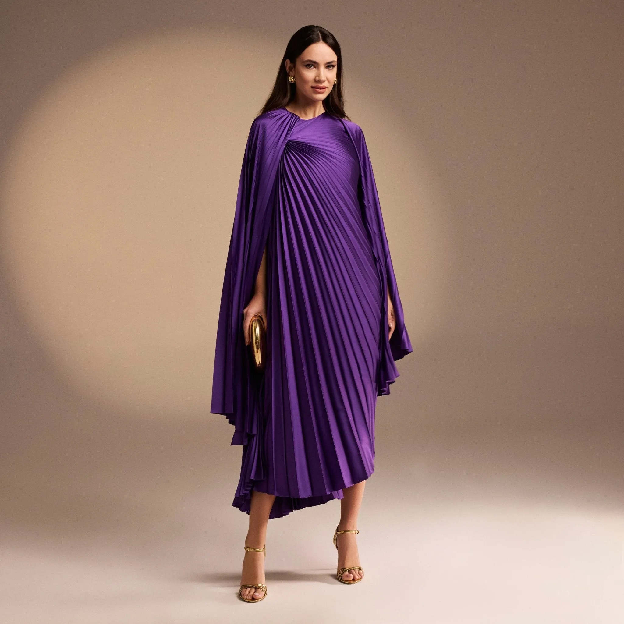 Cape Pleated Satin Midi Dress