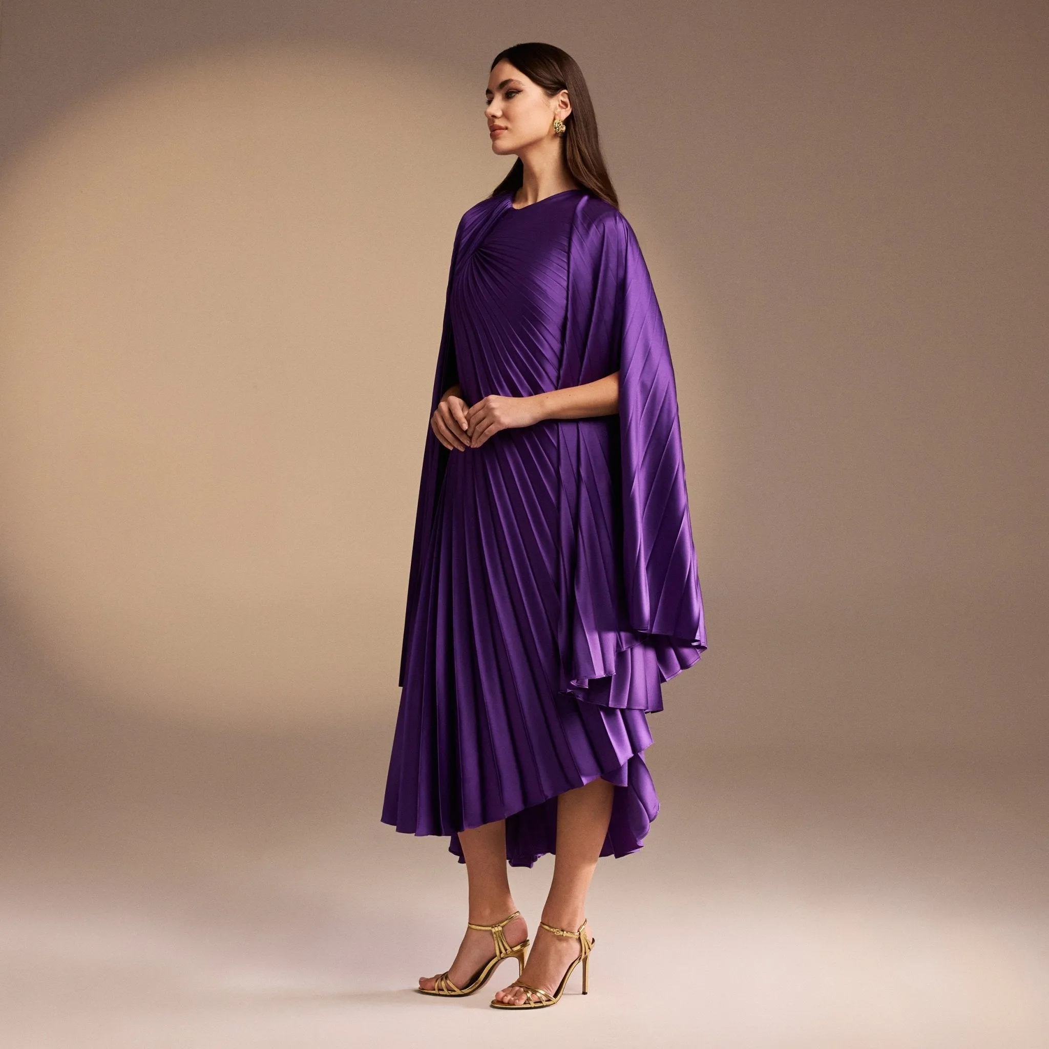 Cape Pleated Satin Midi Dress