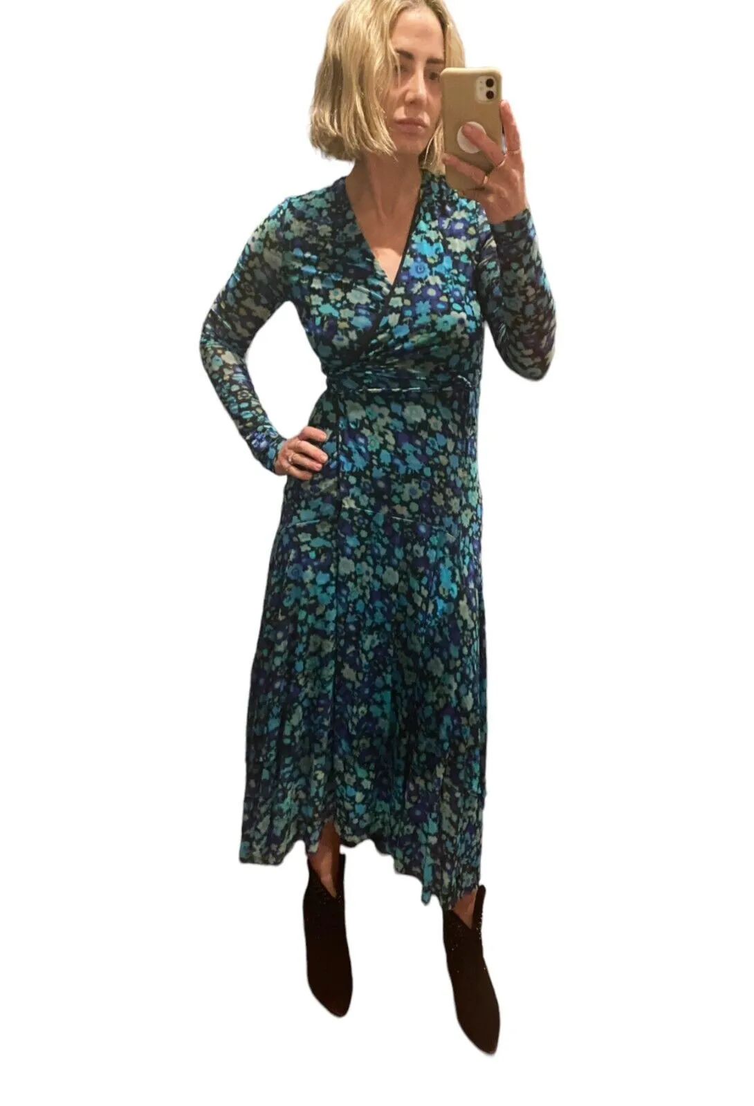 Ganni Wrap Midi Dress | Mesh Material, Lined, Stretch, Blue Floral, Size 36