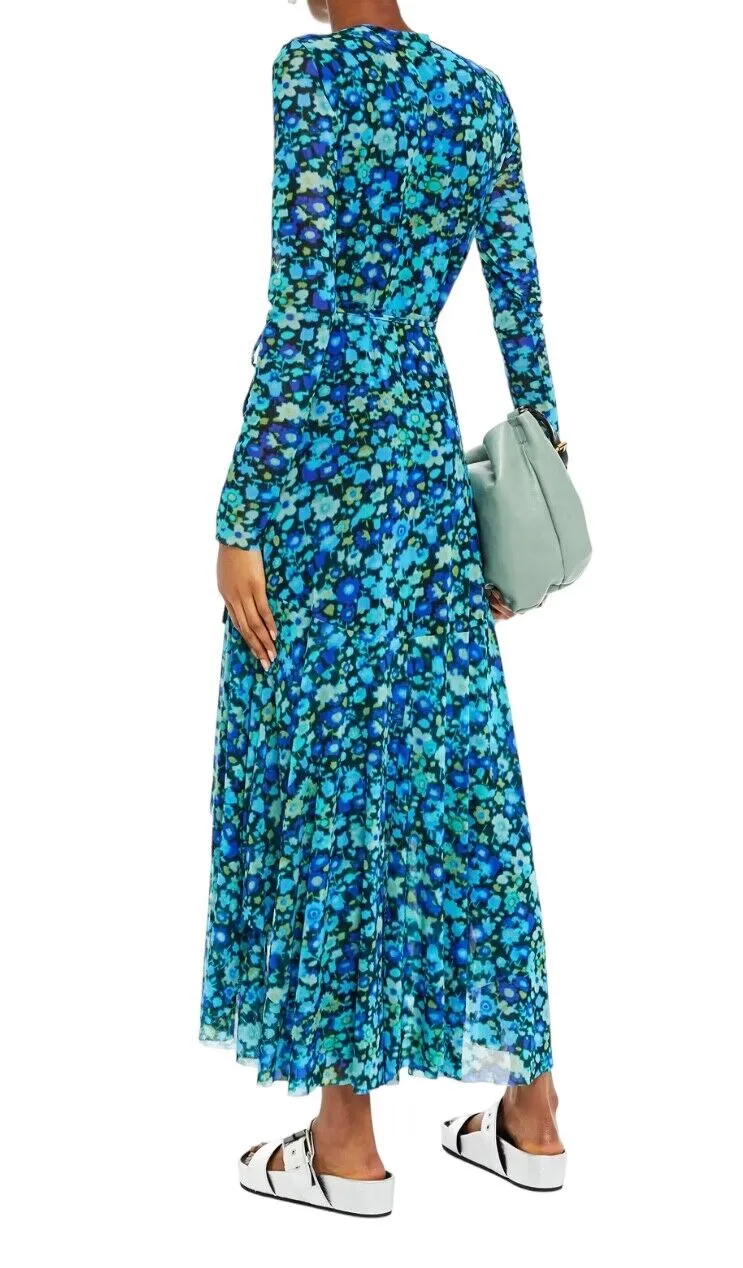 Ganni Wrap Midi Dress | Mesh Material, Lined, Stretch, Blue Floral, Size 36