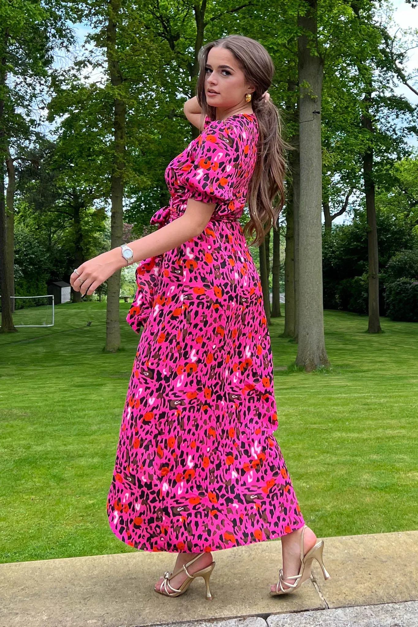 Girl in Mind Lydia Split Hem Frill Detail Pink Leopard Maxi Dress