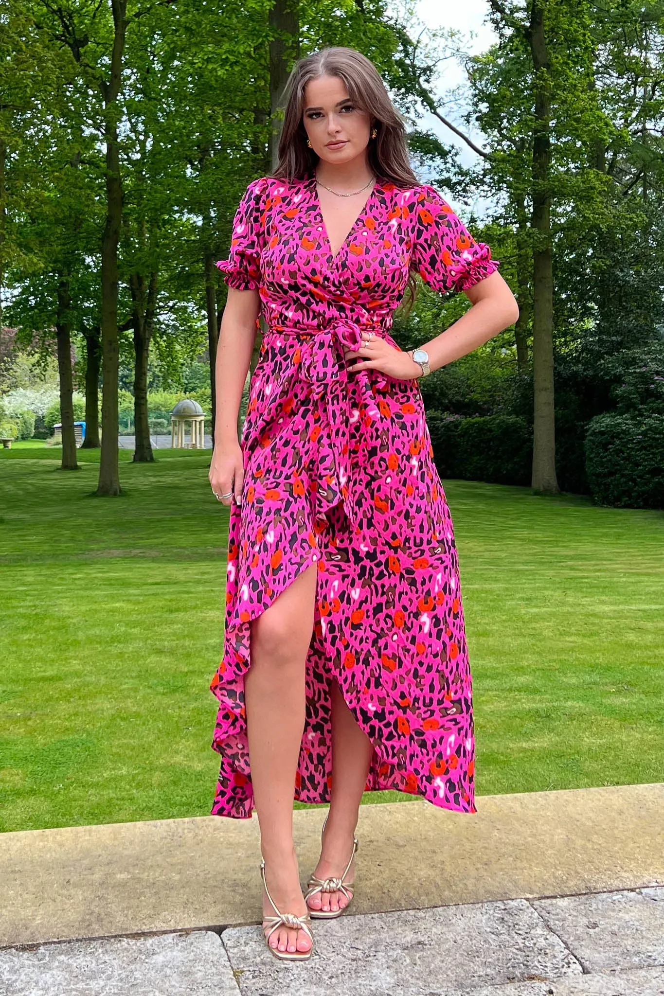 Girl in Mind Lydia Split Hem Frill Detail Pink Leopard Maxi Dress