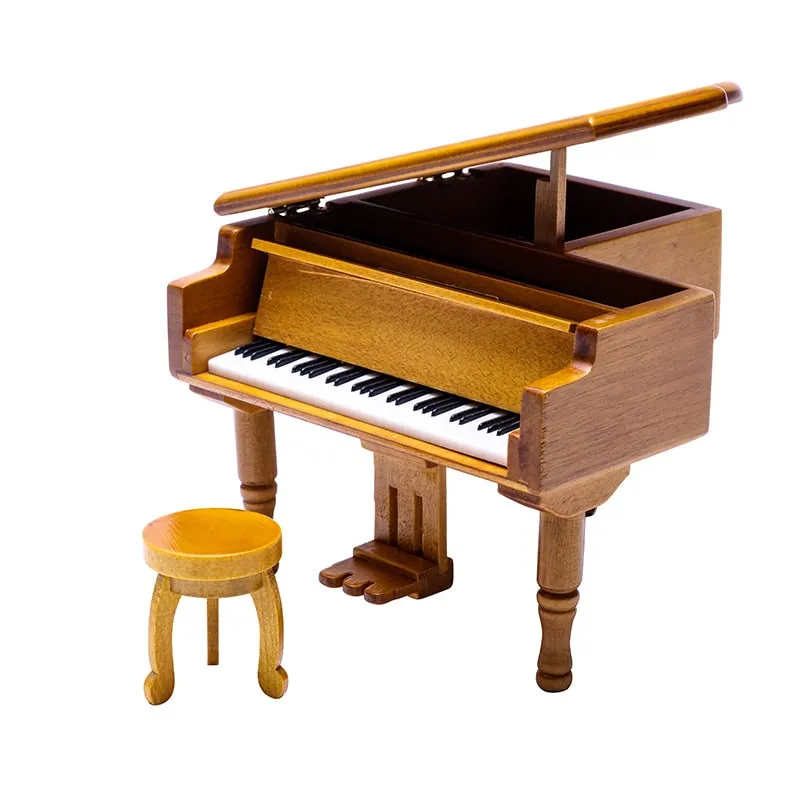 Grand Piano Birch  Music Box With Round Stool And Jewelry Storage Gift for Valentine's Day Christmas or Birthday