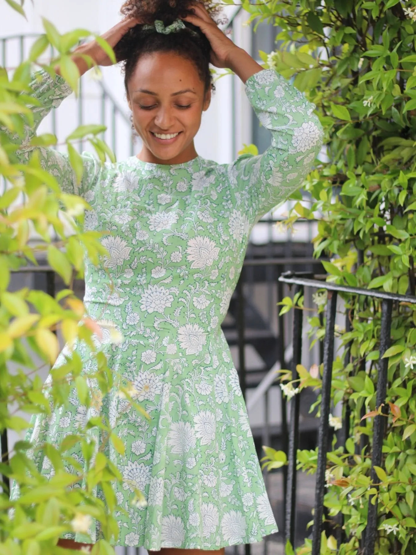 Green Floral Liberty Long Sleeved Mini Dress