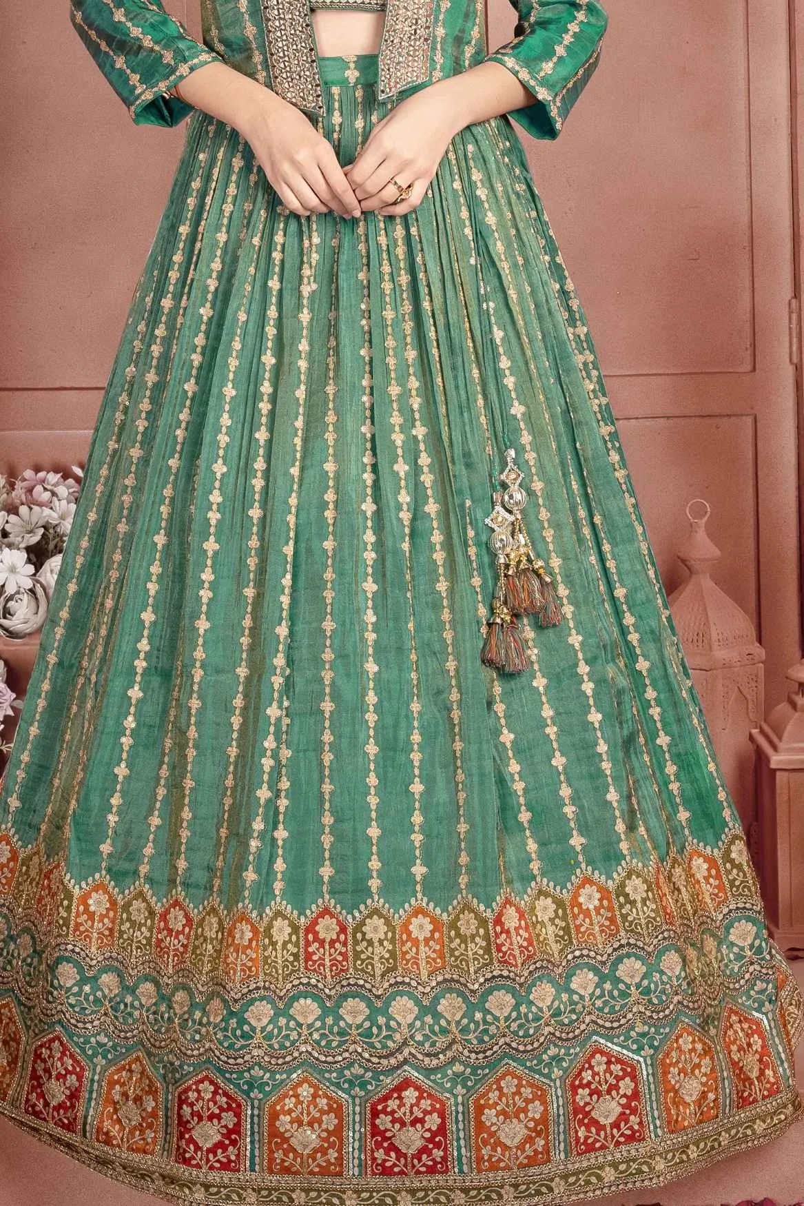 Green Sequin Work And Embroidered Lehenga Choli Set With Overcoat For Girls