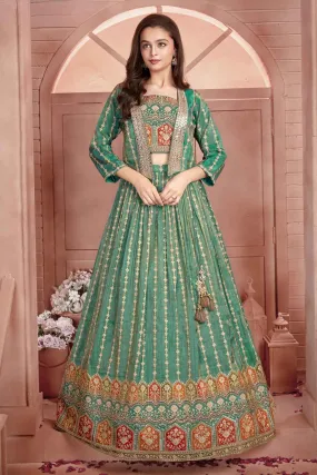 Green Sequin Work And Embroidered Lehenga Choli Set With Overcoat For Girls