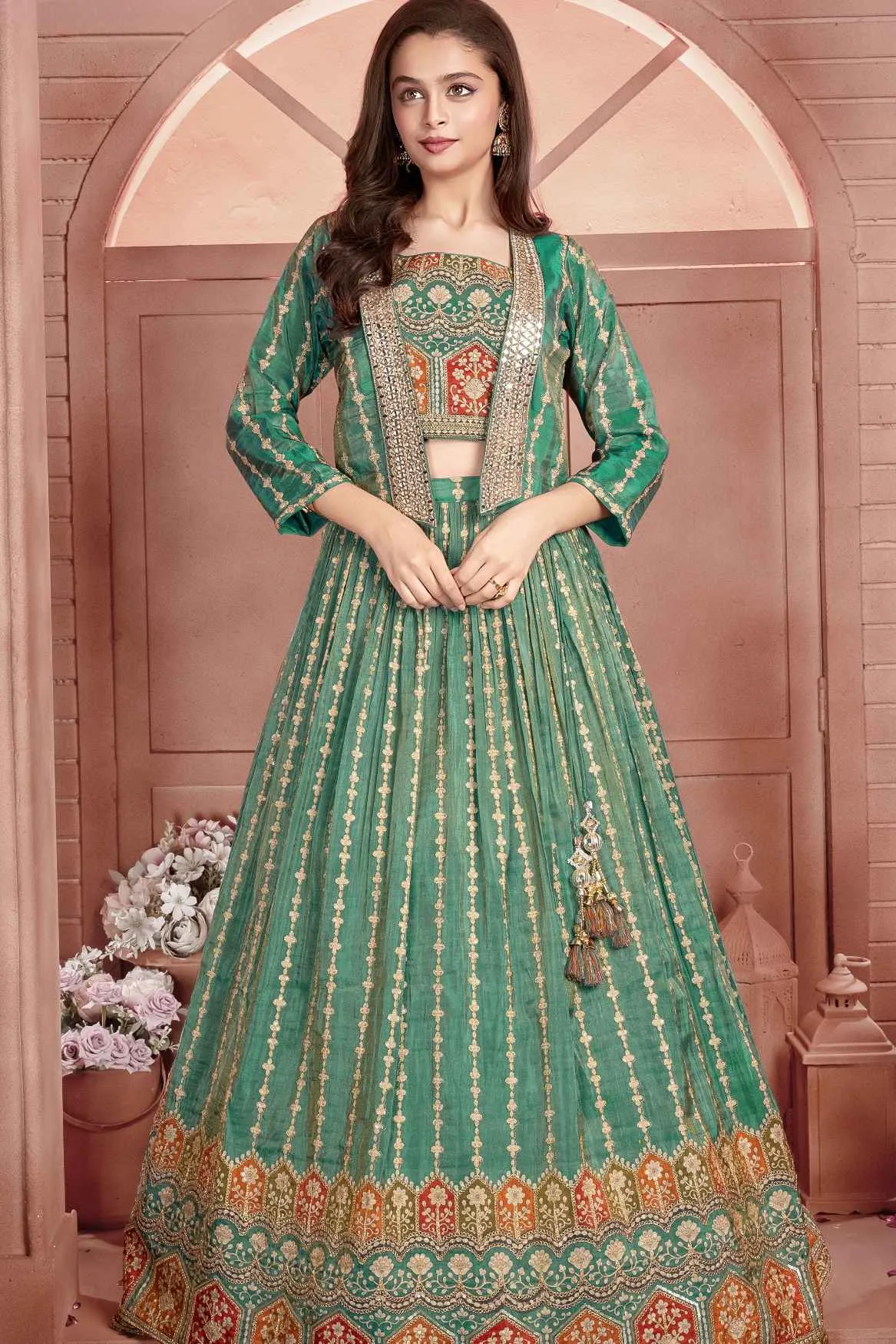 Green Sequin Work And Embroidered Lehenga Choli Set With Overcoat For Girls