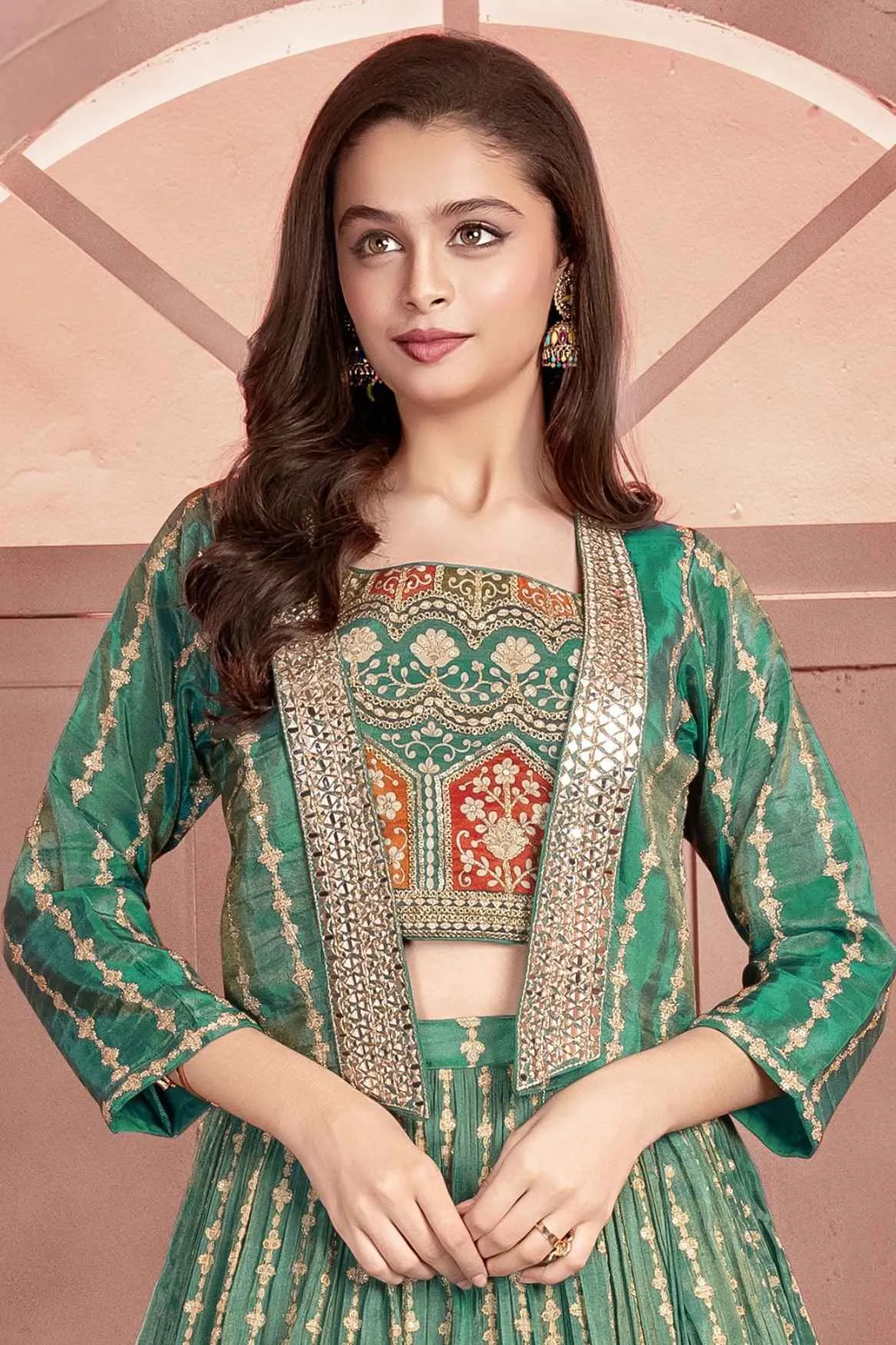 Green Sequin Work And Embroidered Lehenga Choli Set With Overcoat For Girls