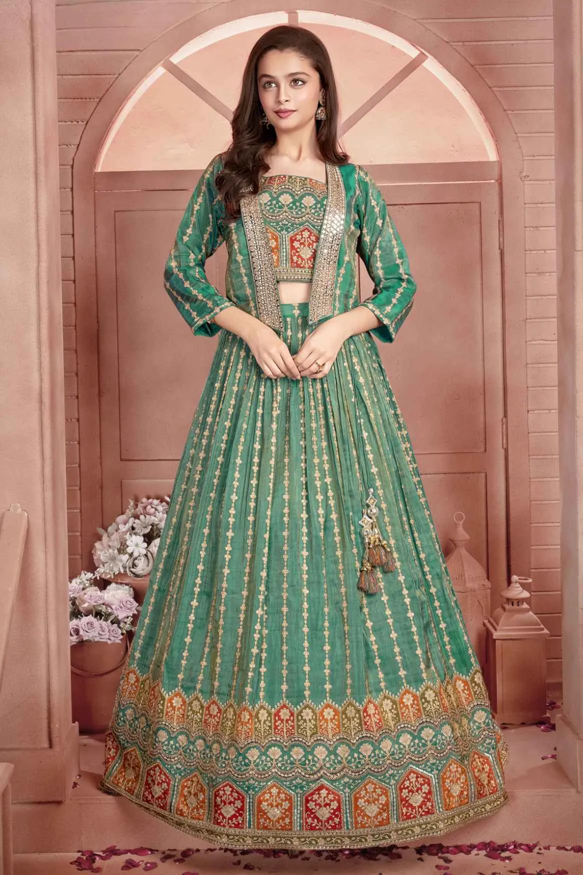 Green Sequin Work And Embroidered Lehenga Choli Set With Overcoat For Girls