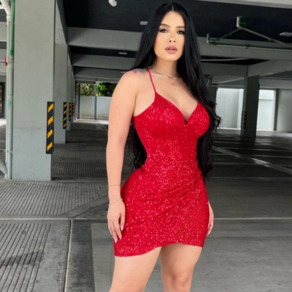 Ines- Sequins V-Neck Wrap Bodycon Mini Dress