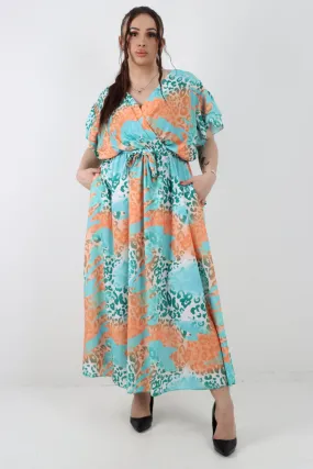 Italian Cheetah Print Wrap Tie Fasten Frill Sleeve Maxi Dress