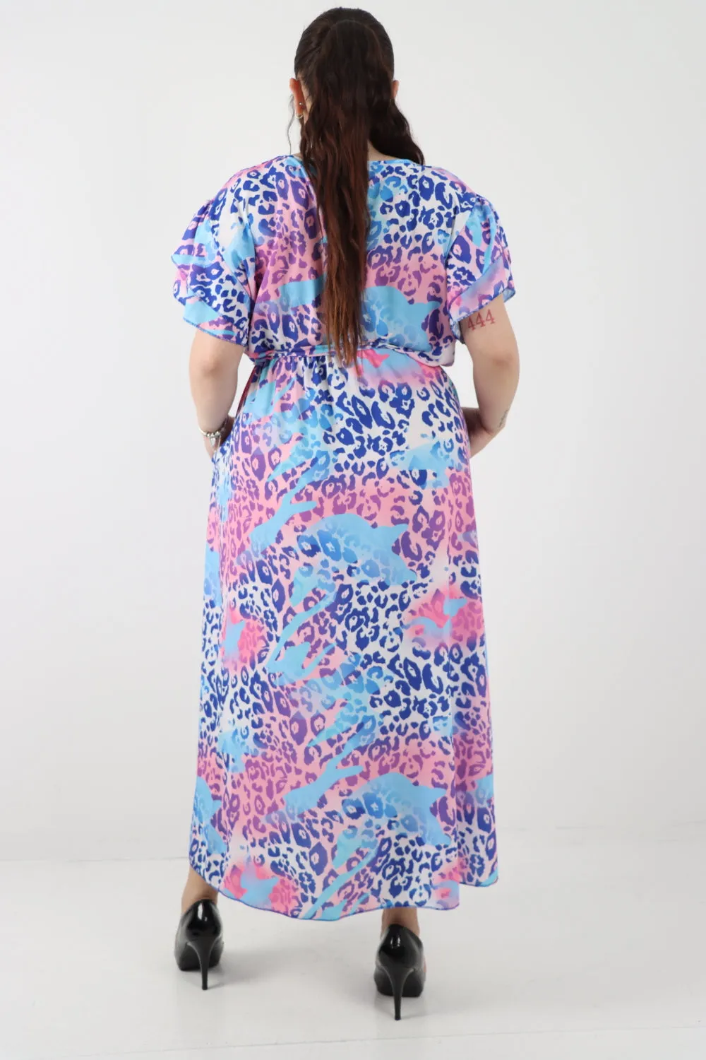 Italian Cheetah Print Wrap Tie Fasten Frill Sleeve Maxi Dress
