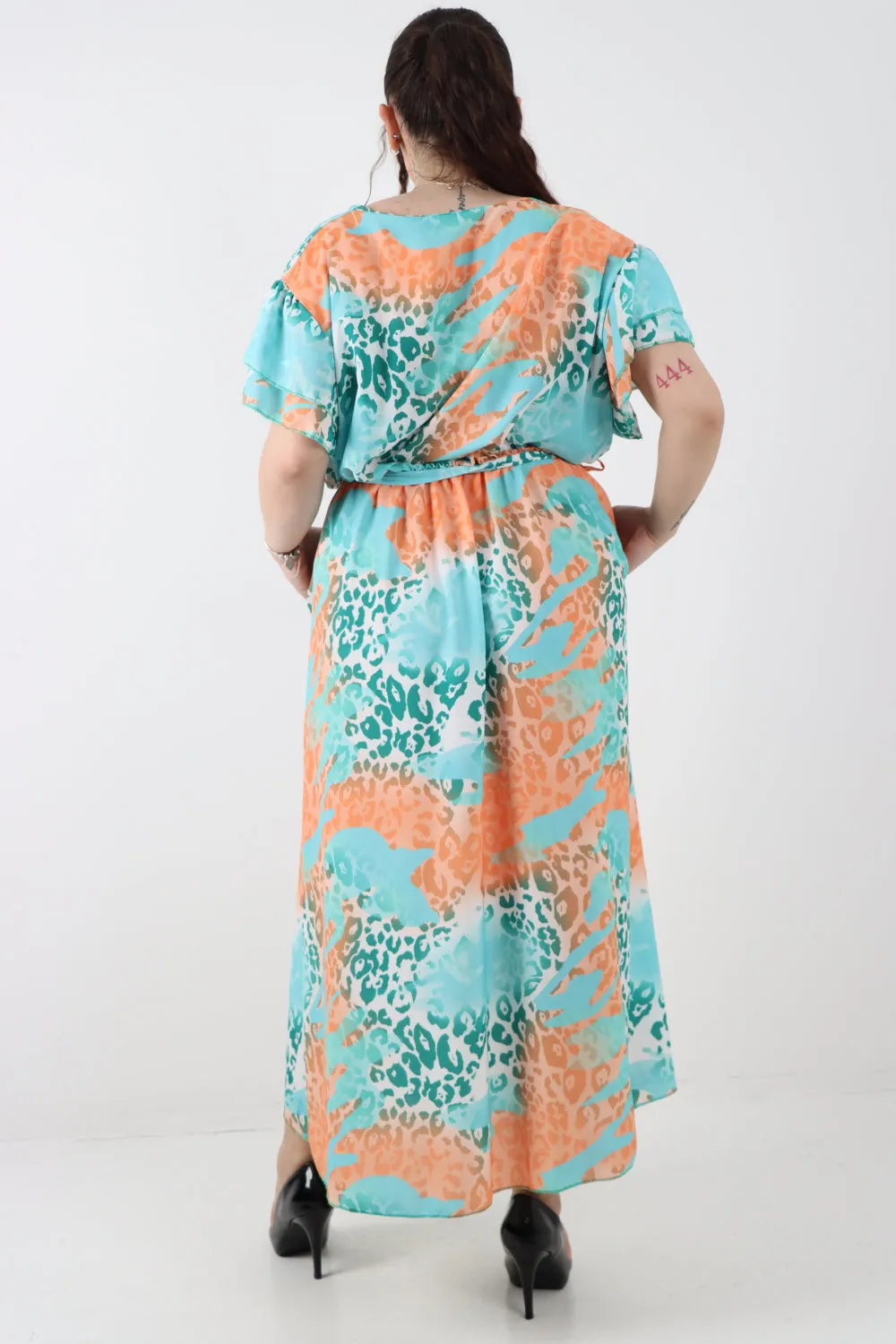 Italian Cheetah Print Wrap Tie Fasten Frill Sleeve Maxi Dress