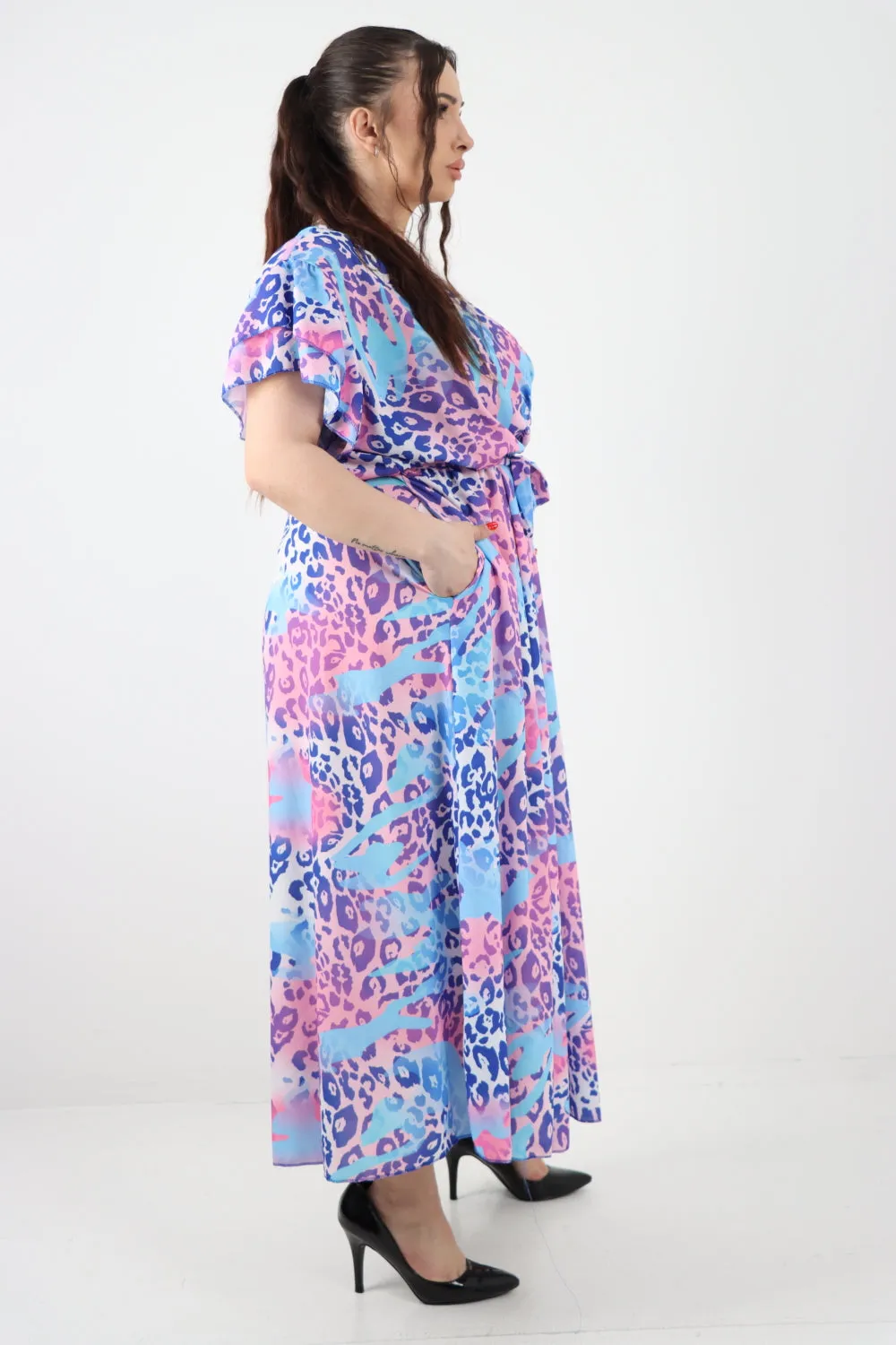 Italian Cheetah Print Wrap Tie Fasten Frill Sleeve Maxi Dress