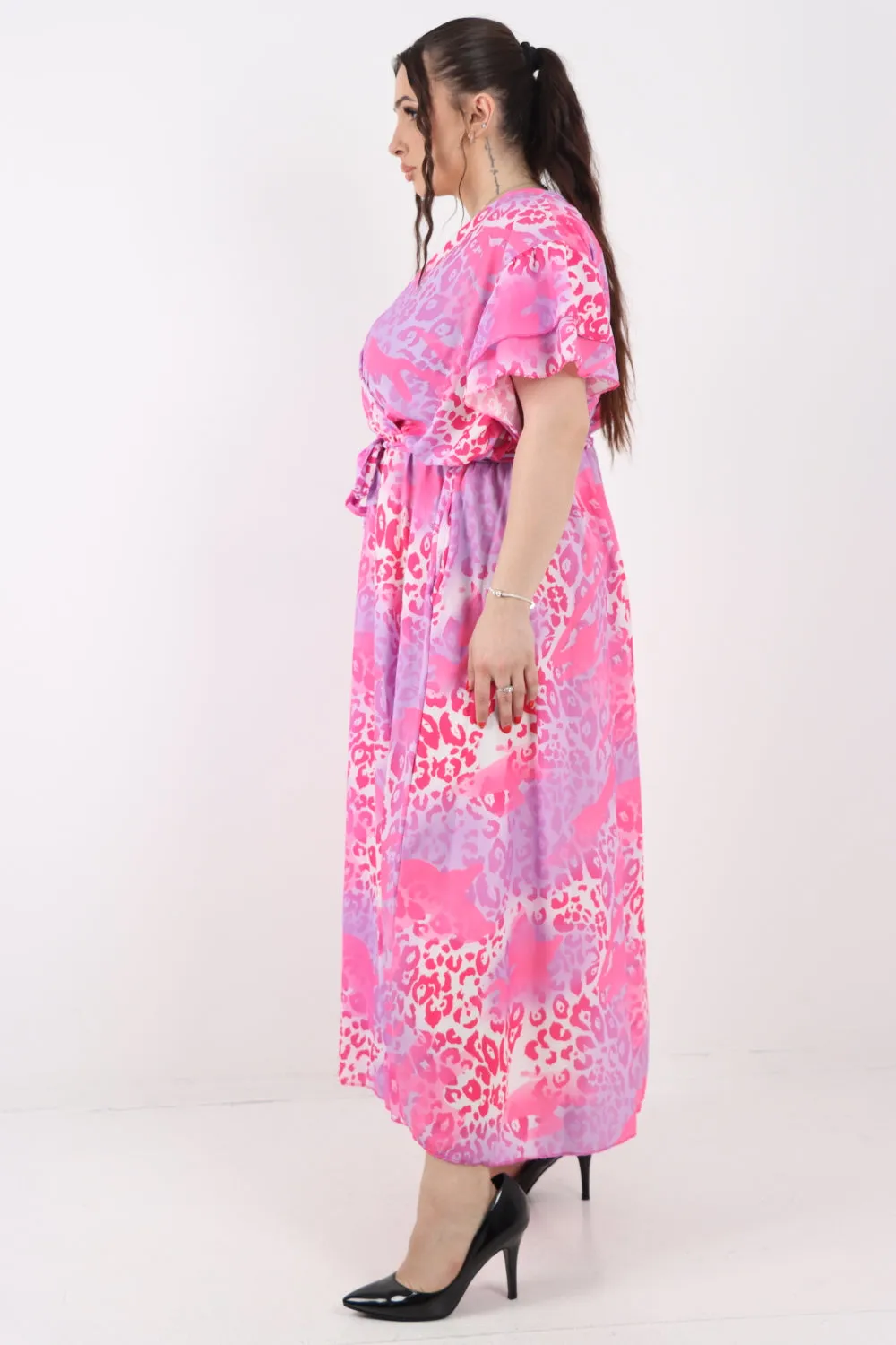Italian Cheetah Print Wrap Tie Fasten Frill Sleeve Maxi Dress