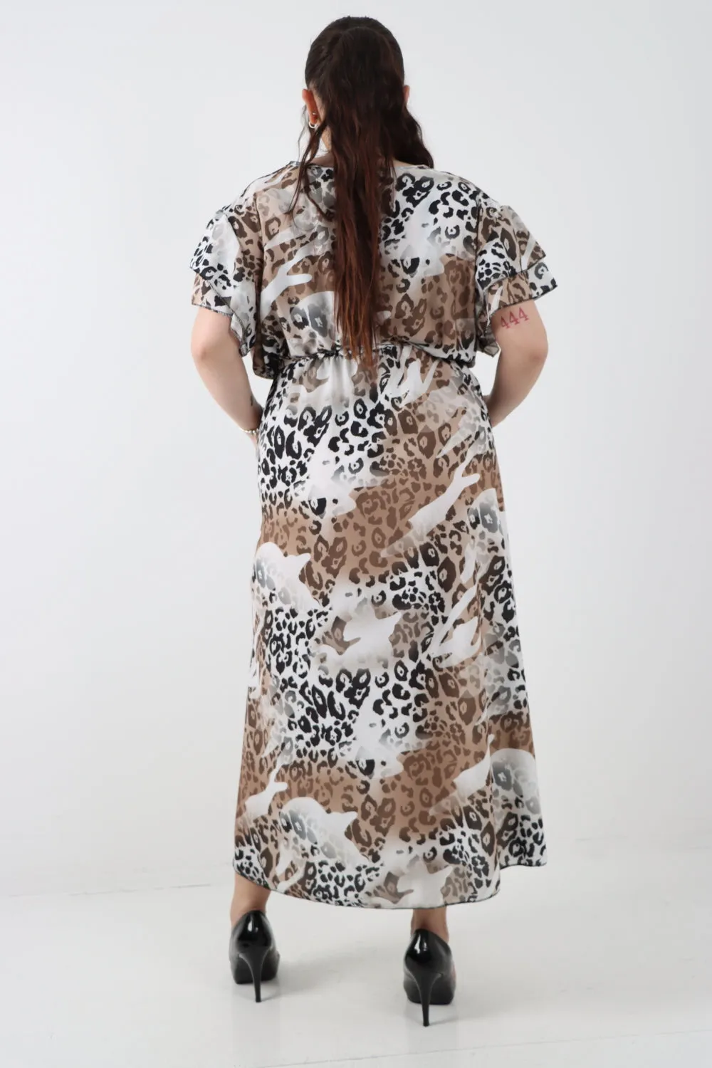Italian Cheetah Print Wrap Tie Fasten Frill Sleeve Maxi Dress